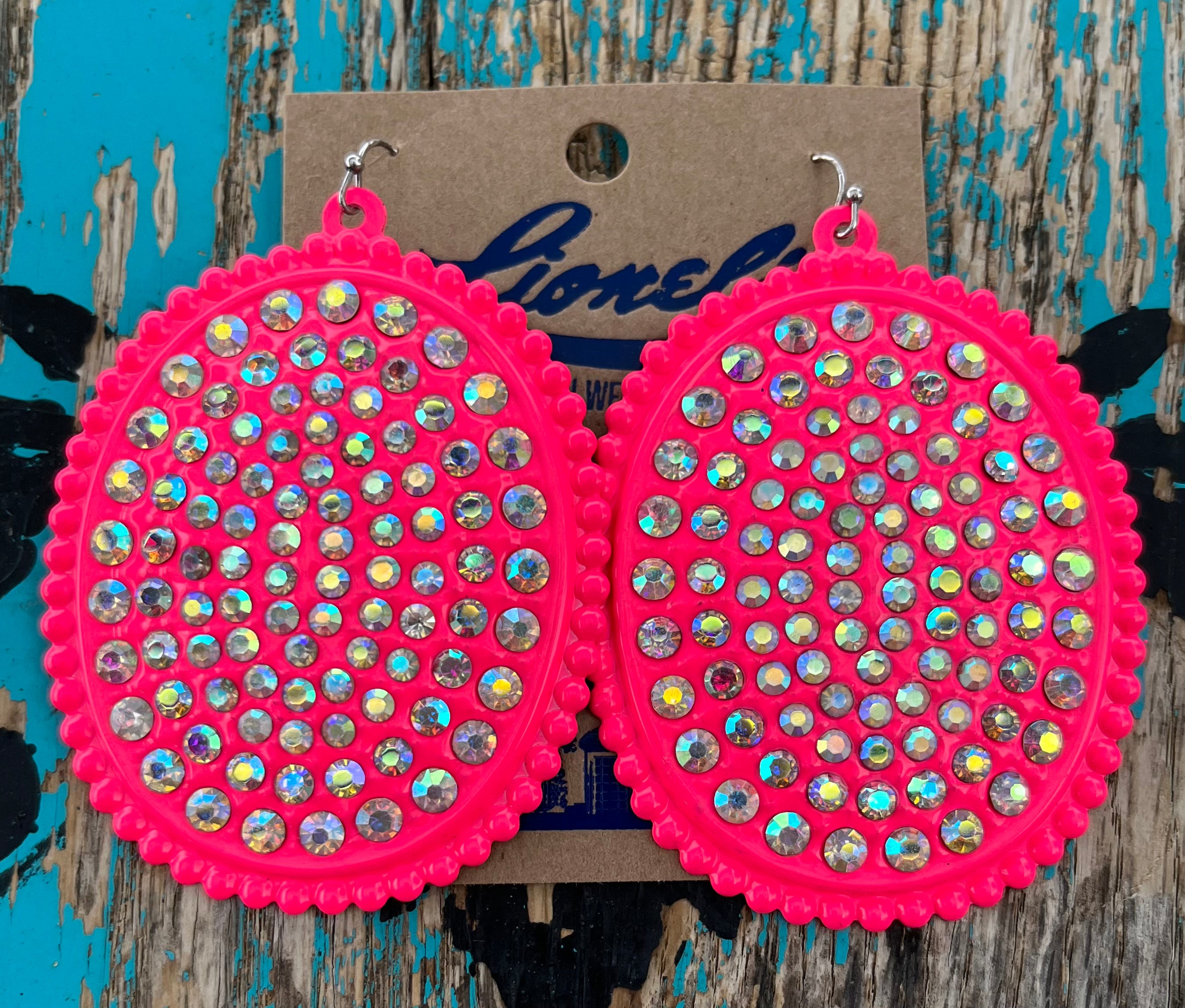 Neon Coral Concho w/ Clear Rhinestone Earrings