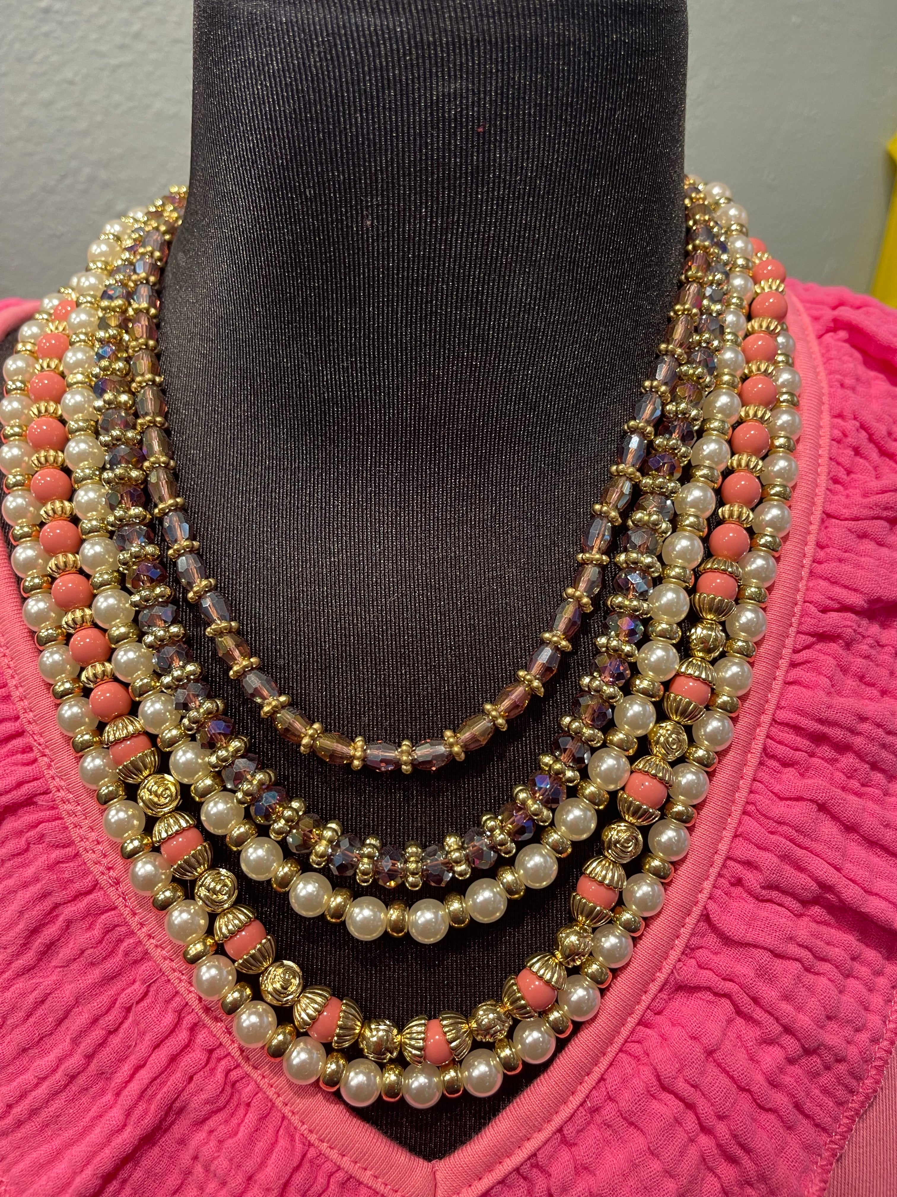 Multi Strand Pearl & Corral Necklace w/ Earrings