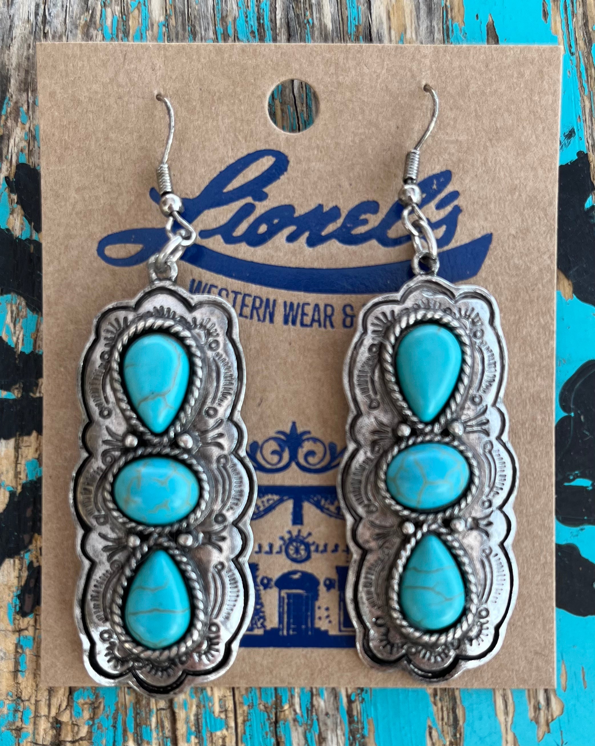 Triple Turquoise Stone Silver Earrings