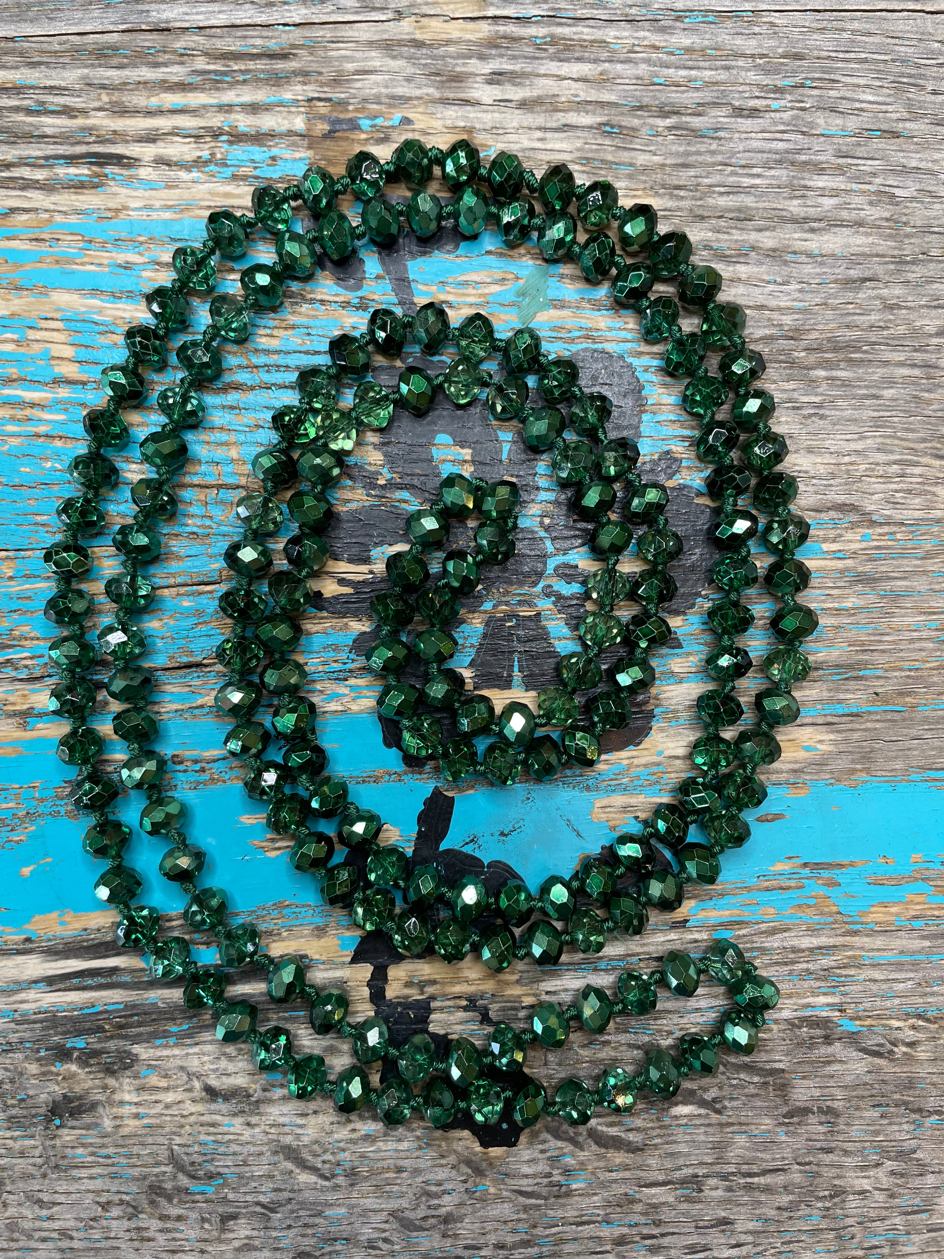 60" Hand Knotted Hunter Green Bead Necklace