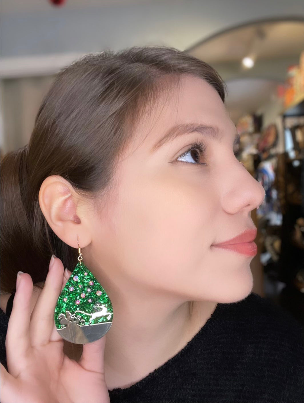 Green Santa's Sleigh & Reindeer Earrings