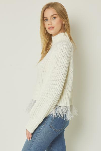 Cream Mock Cowl Neck Sweater w/ Feather Trim