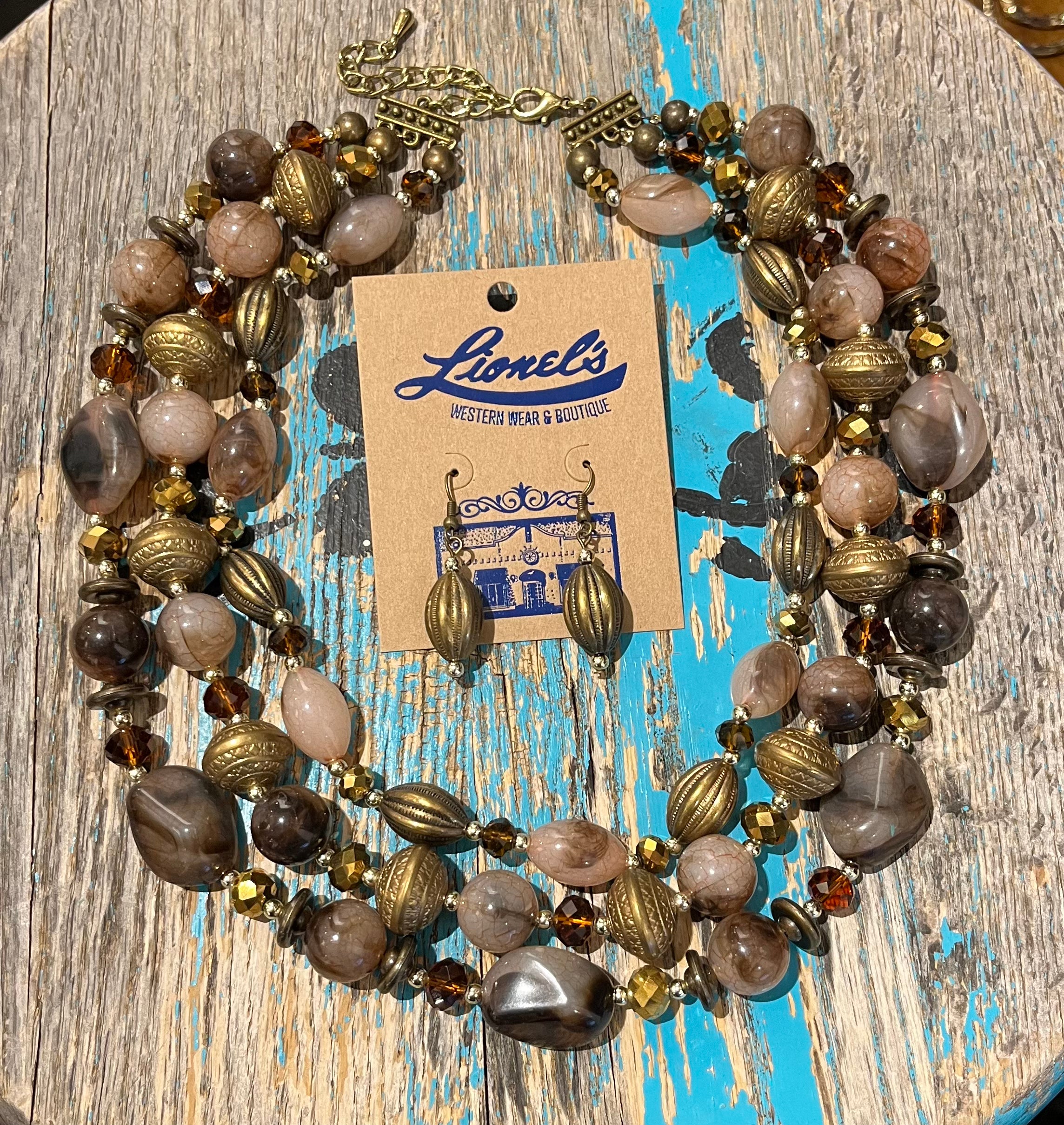 Shades of Brown & Brass Necklace w/ Earrings