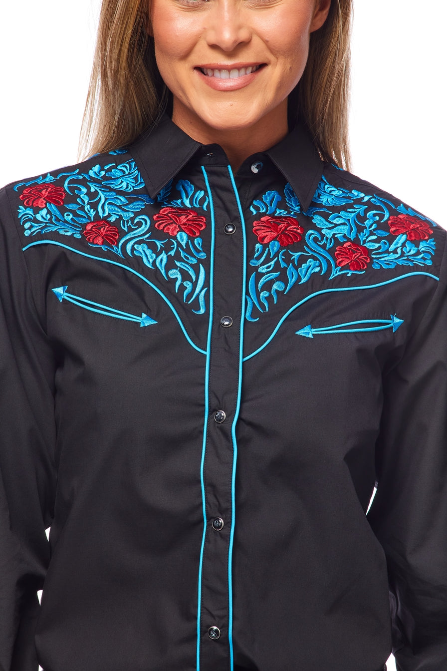 Ladies Black Western Blouse w/ Turquoise/Red Embroidery