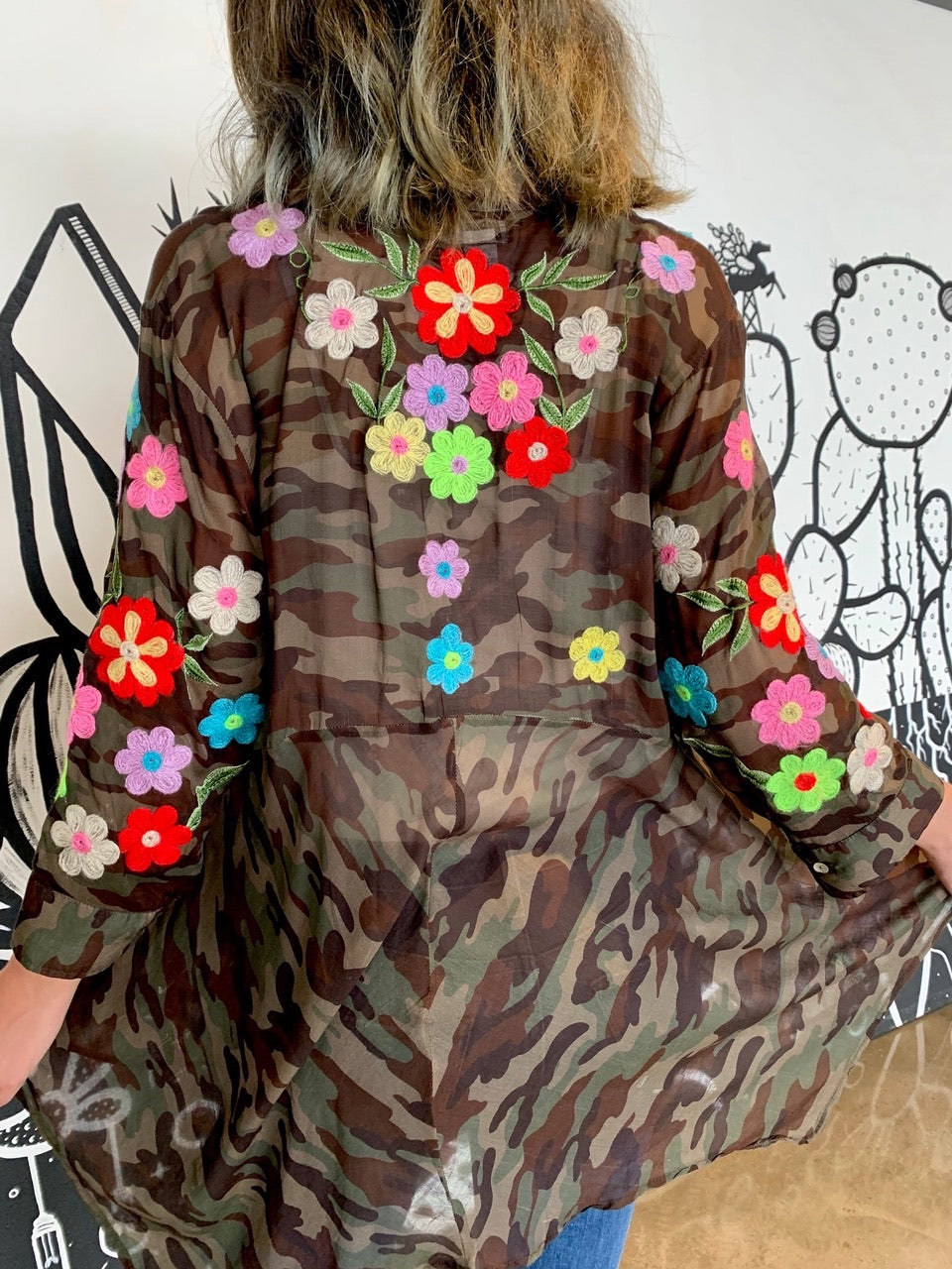 Camouflage Blouse w/ Flower Embroidery by Pong