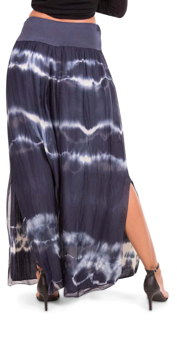 Black & White Tie Dye Silk Pant w/ Side Slit
