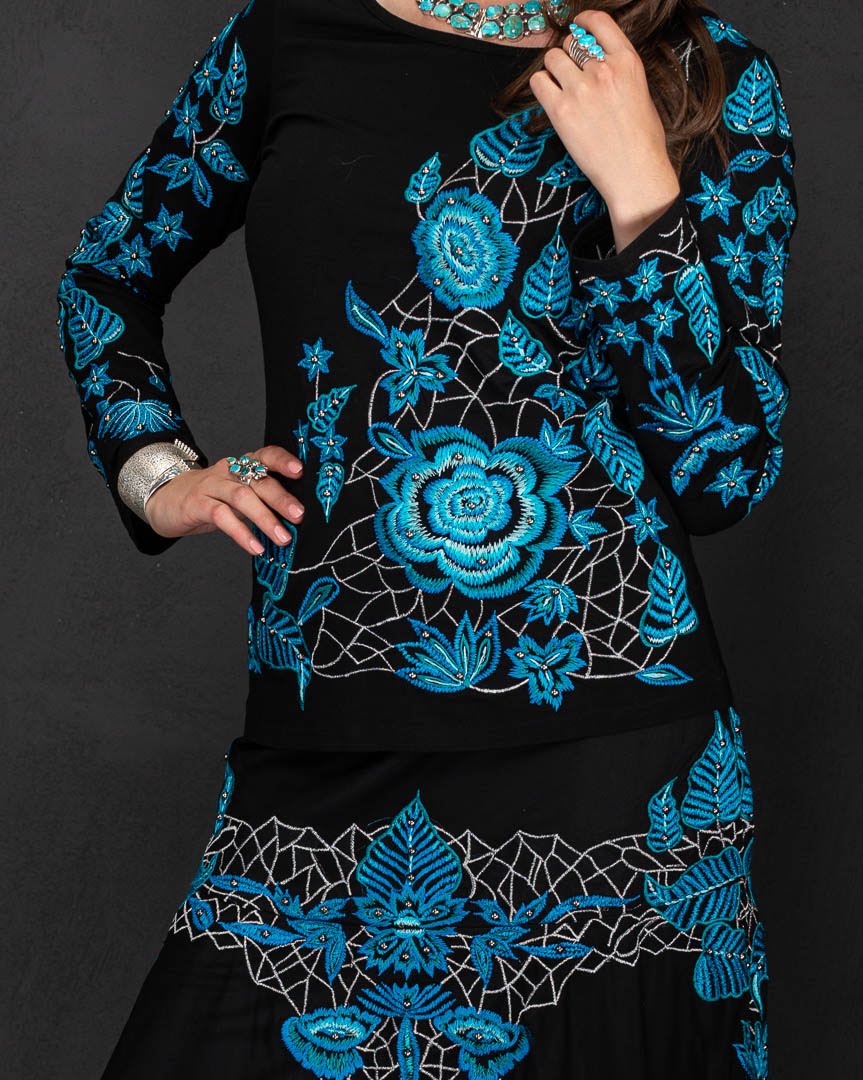 Black Knit Top with all over Turquoise Embroidery