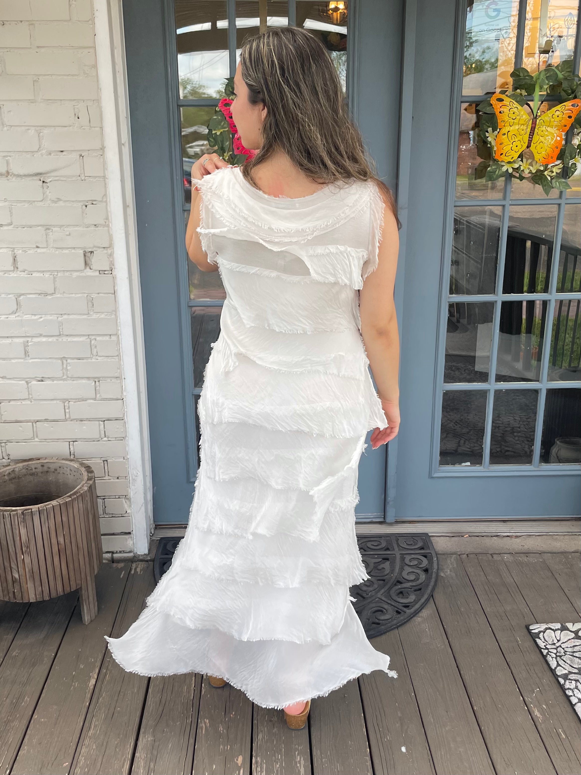 White Silk Ankle Length Ruffle Dress