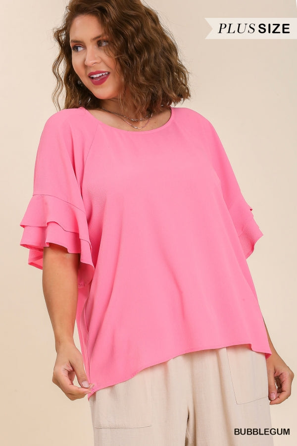 Bubble Gum Pink  Ruffled Sleeve Top