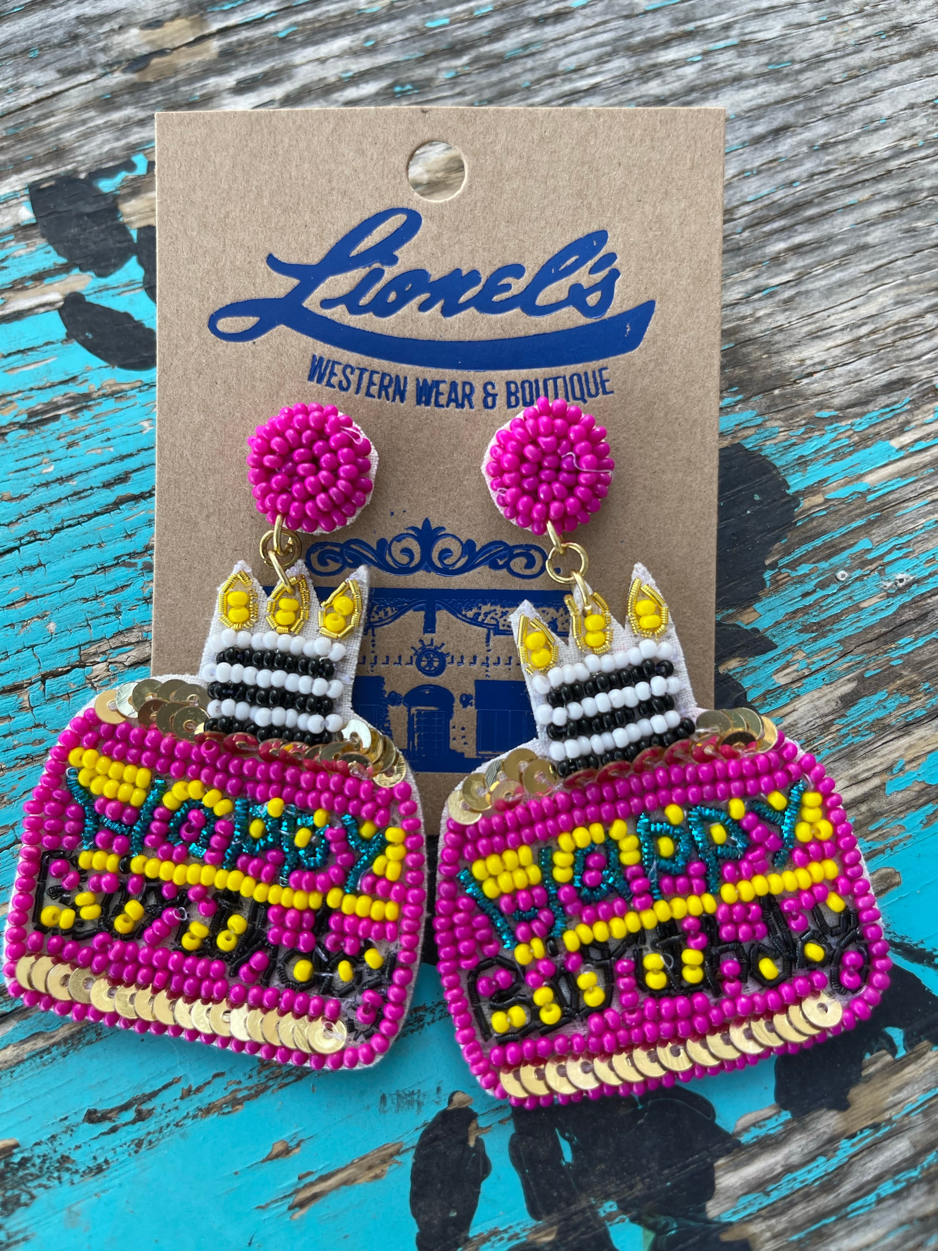 Fuchsia Happy Birthday Cake Beaded Earrings