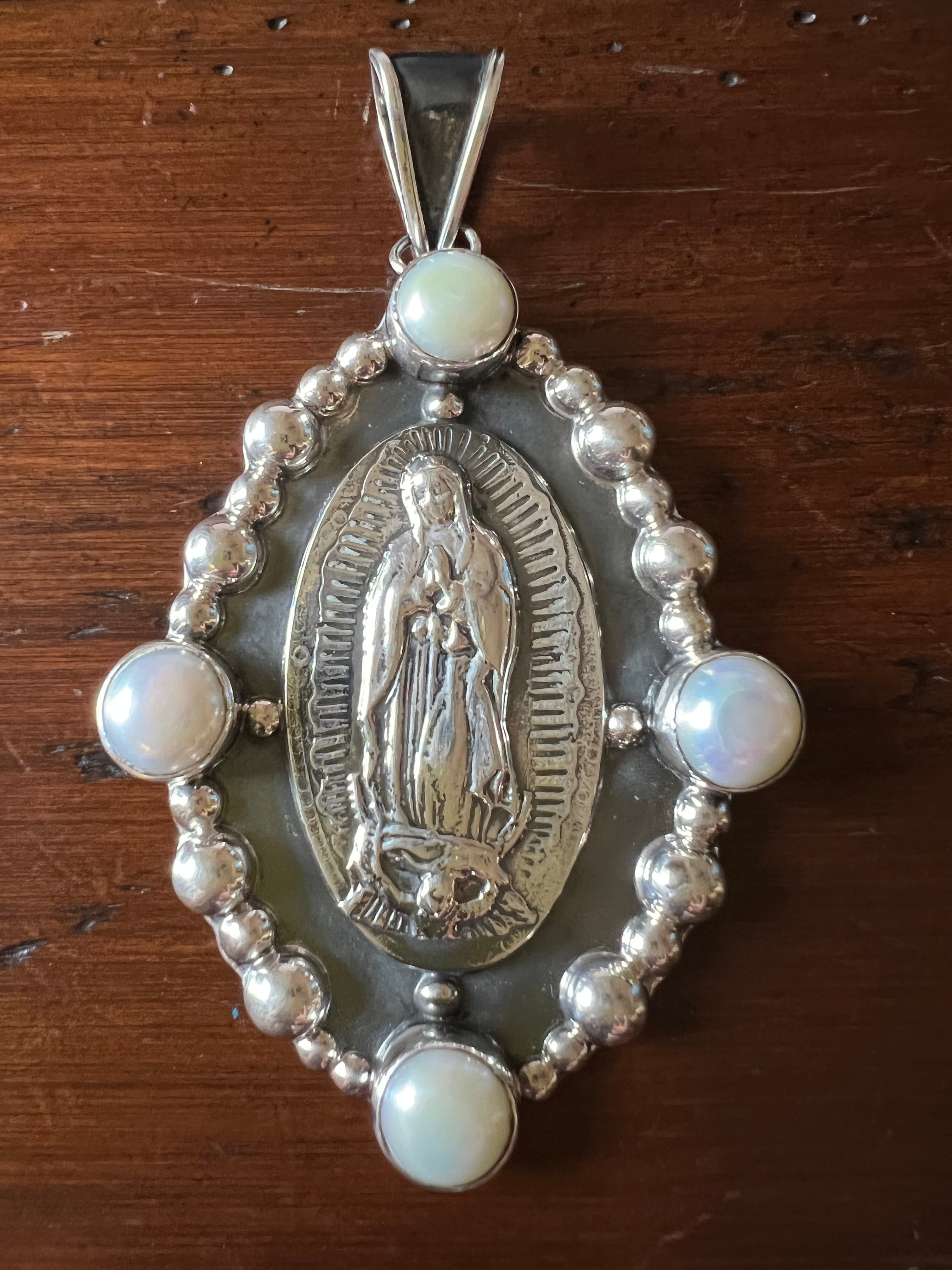 Large Virgen de Guadalupe Sterling/Pearls Silver Pendant