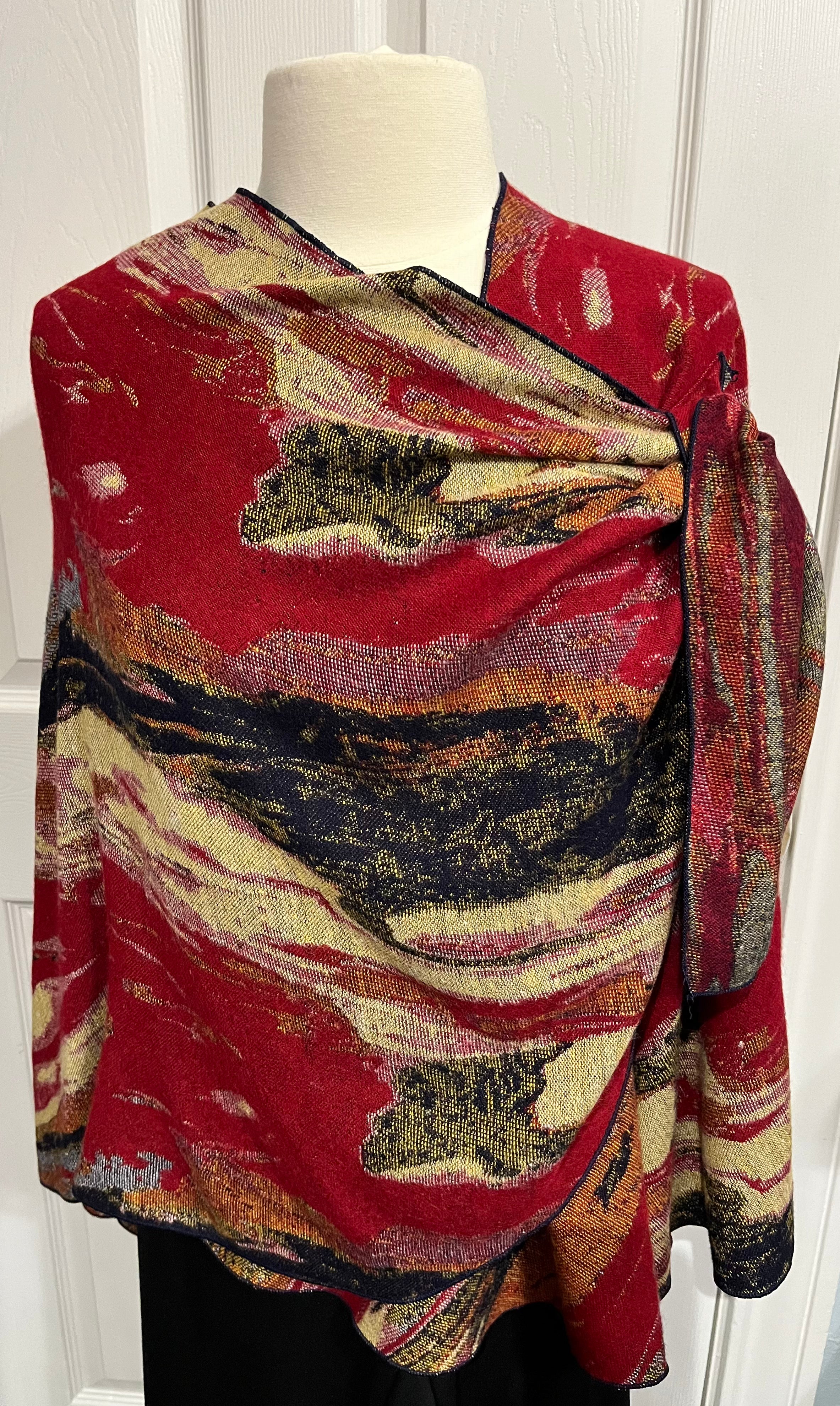 Deep Red w/ Navy & Tans Reversible Cashmere Shawl