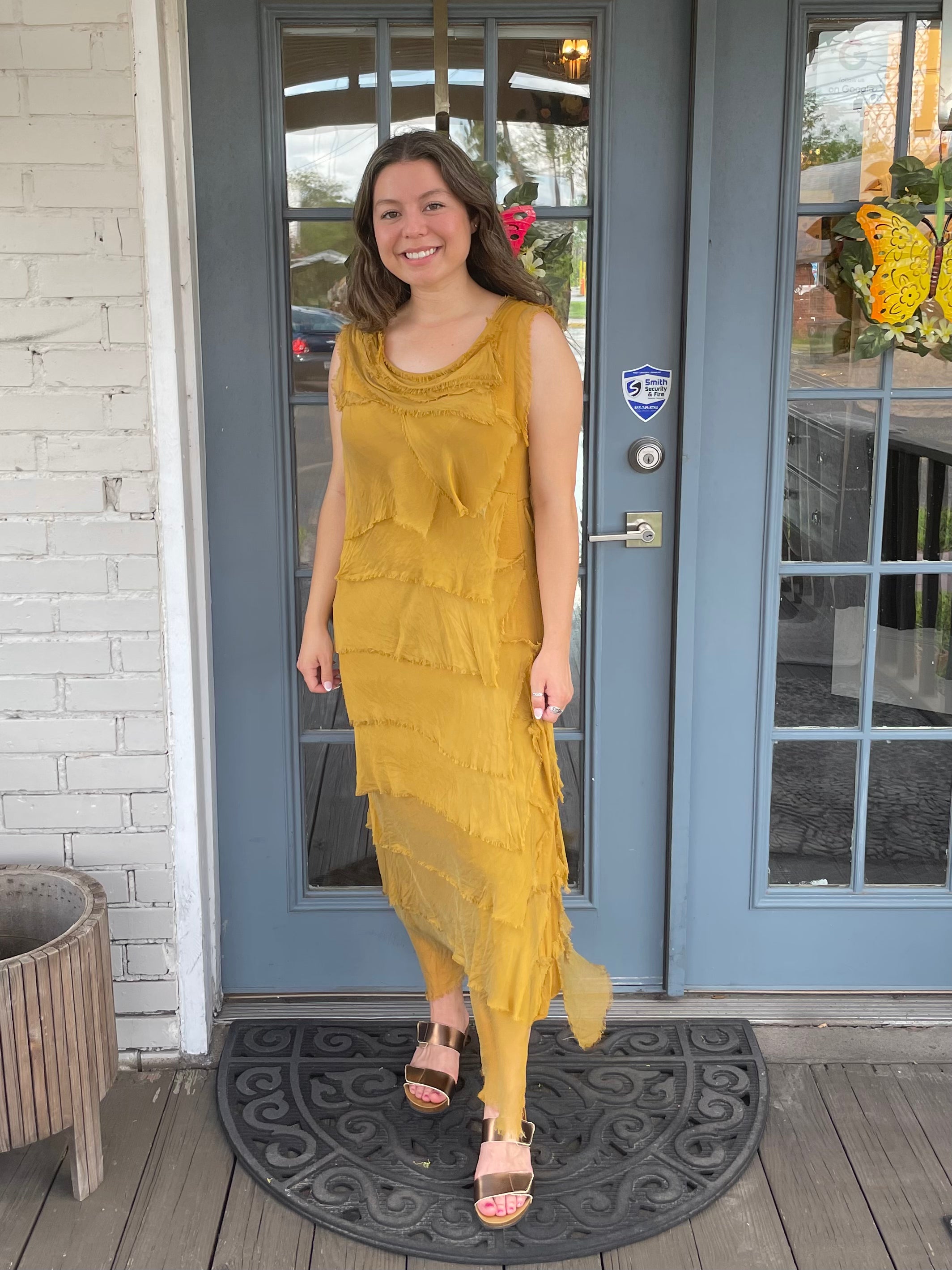 Mustard Silk Ankle Length Ruffle Dress
