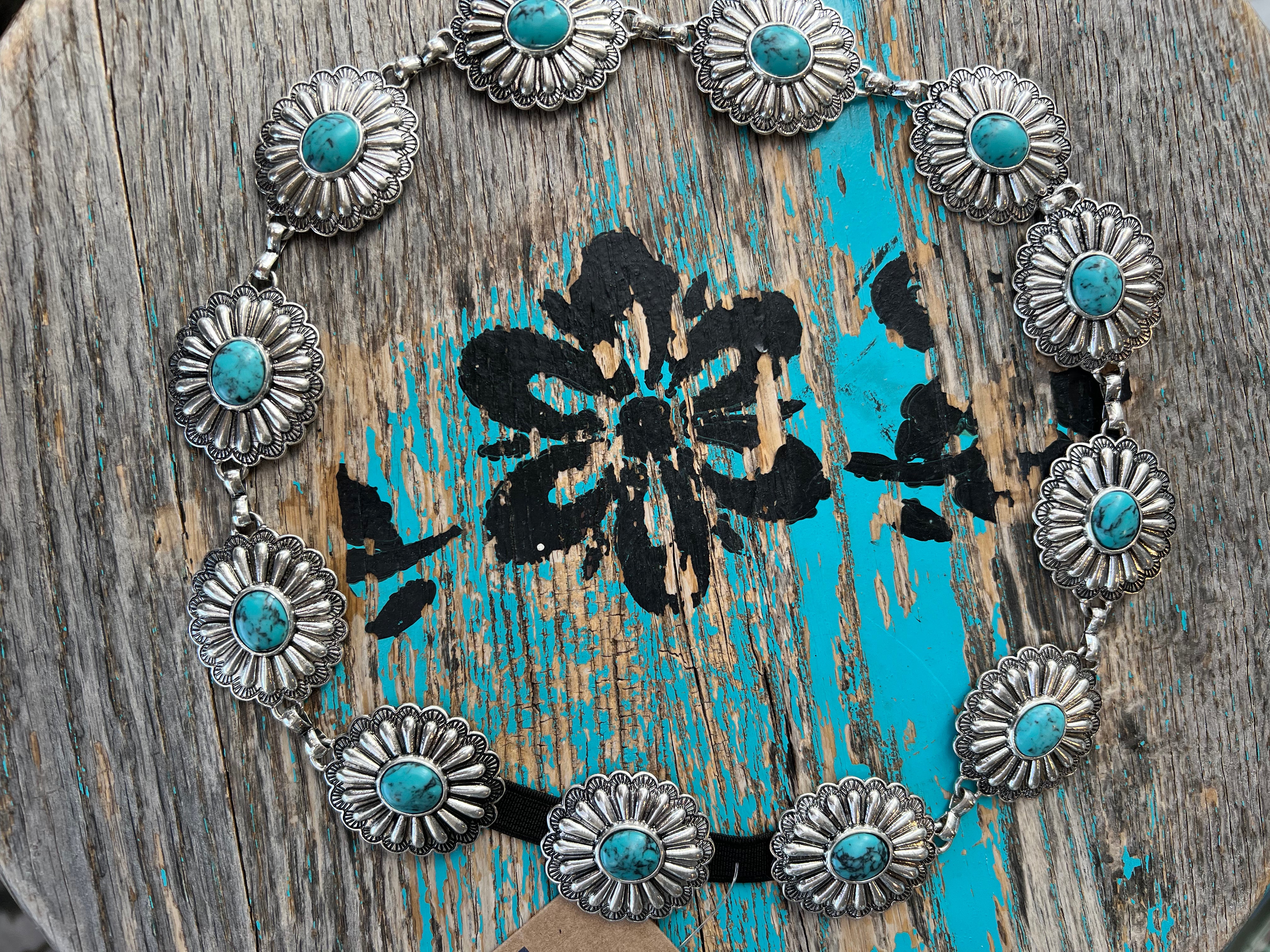 Turquoise on Silver Concho Hat Band