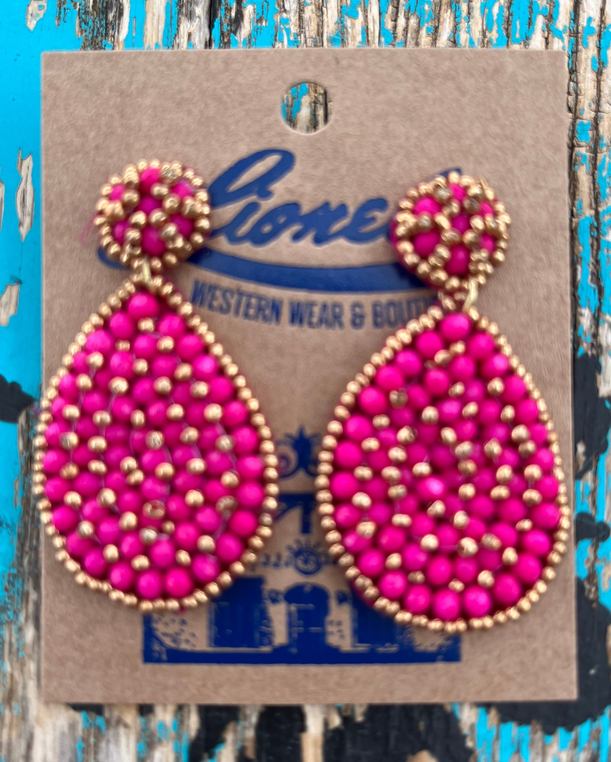 Hot Pink w/ Gold Beaded Teardrop Earrings