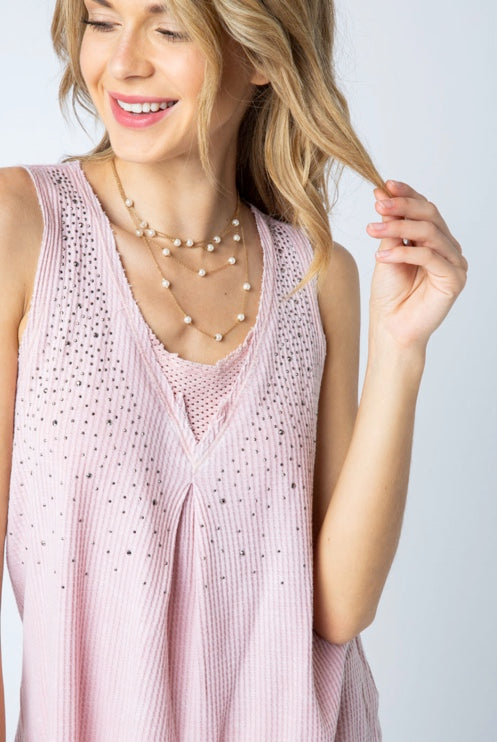 Pink Mineral Washed Sleeveless Top w/ Stones