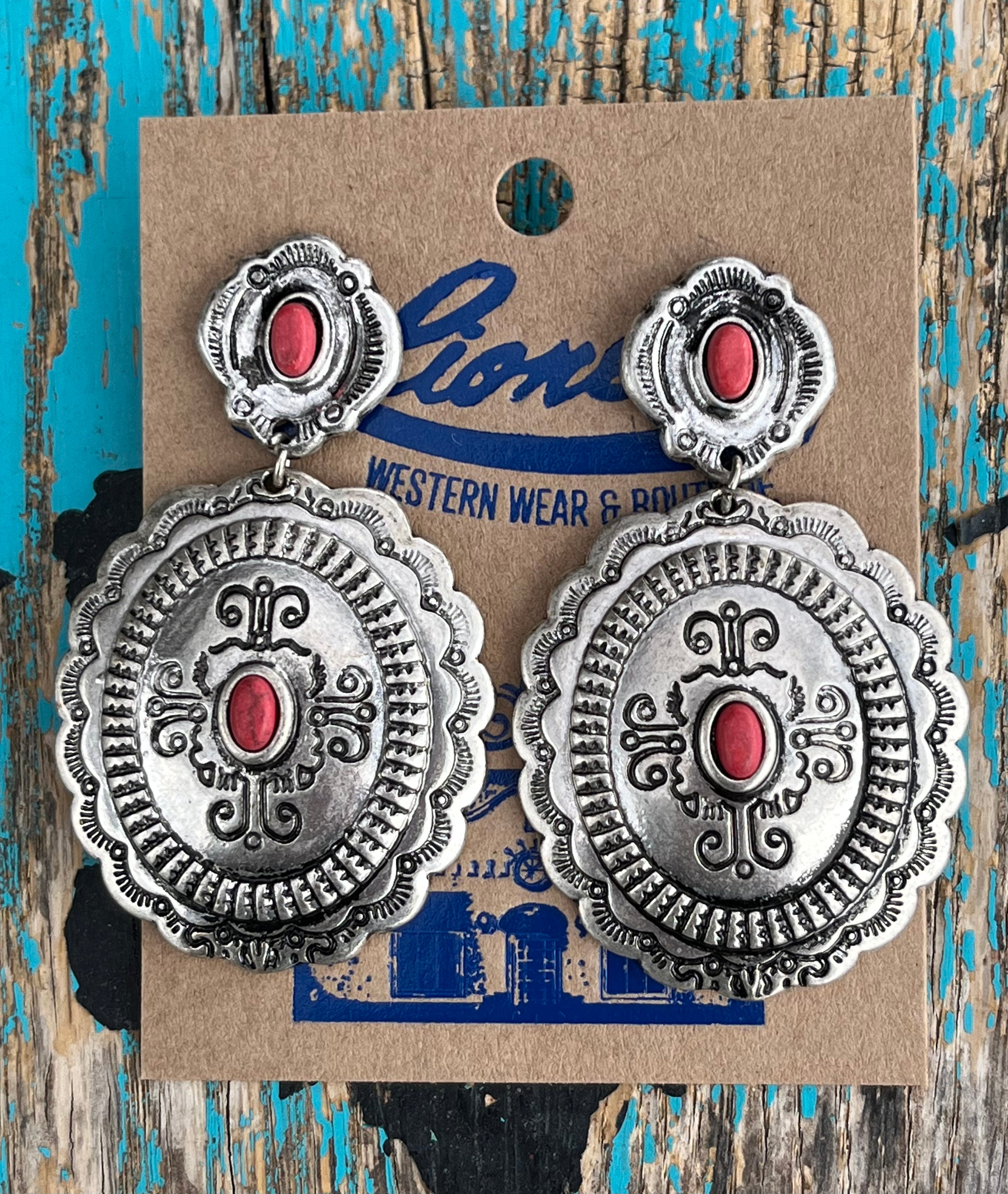 Large Concho Drop Earring w/ Red Center Stone
