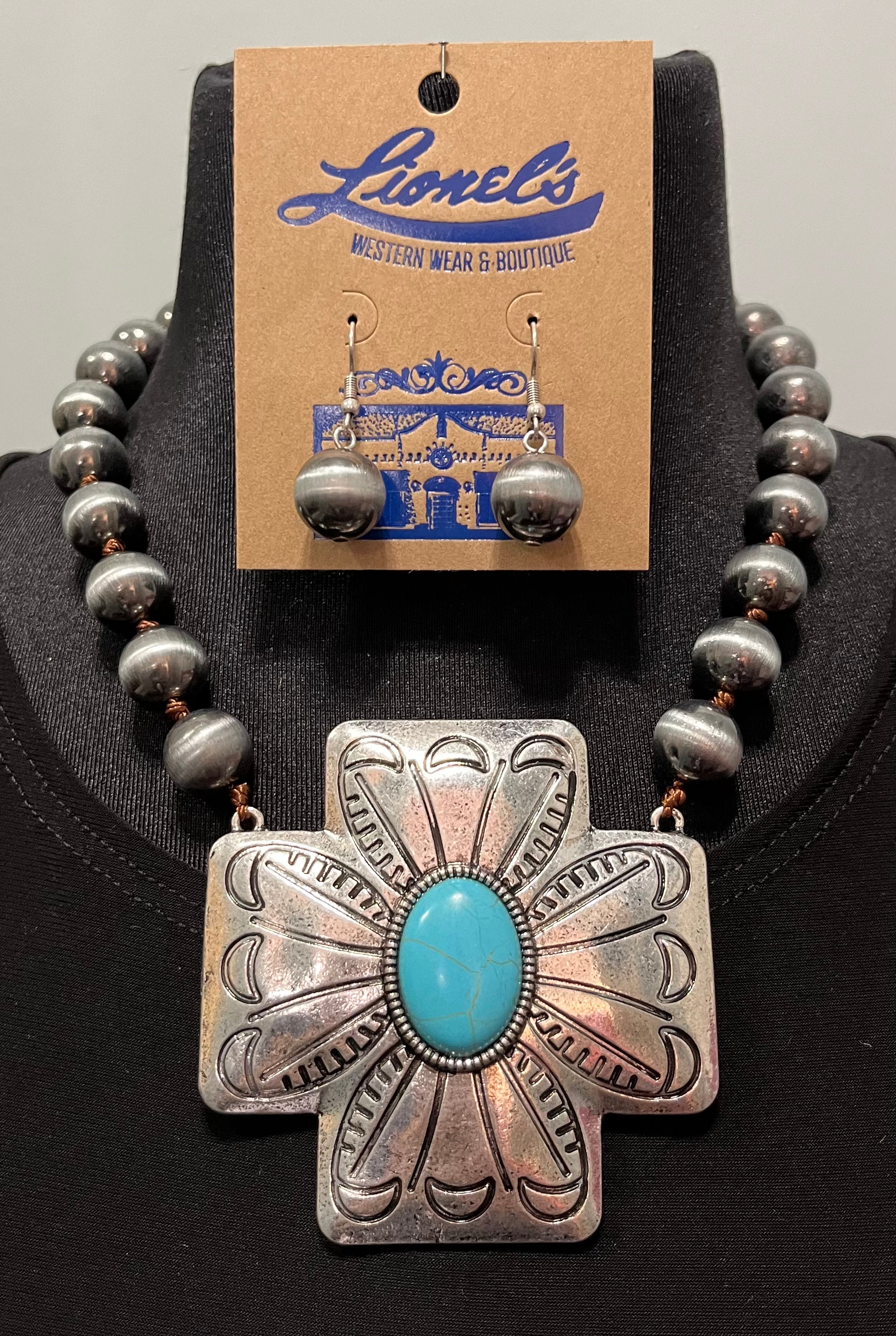 Faux Navajo Pearl Necklace w/ Cross Pendant & Earrings