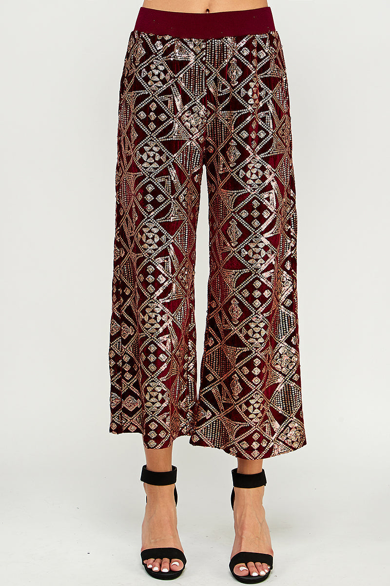 Burgundy Velvet & Sequin Cropped Wide Pants