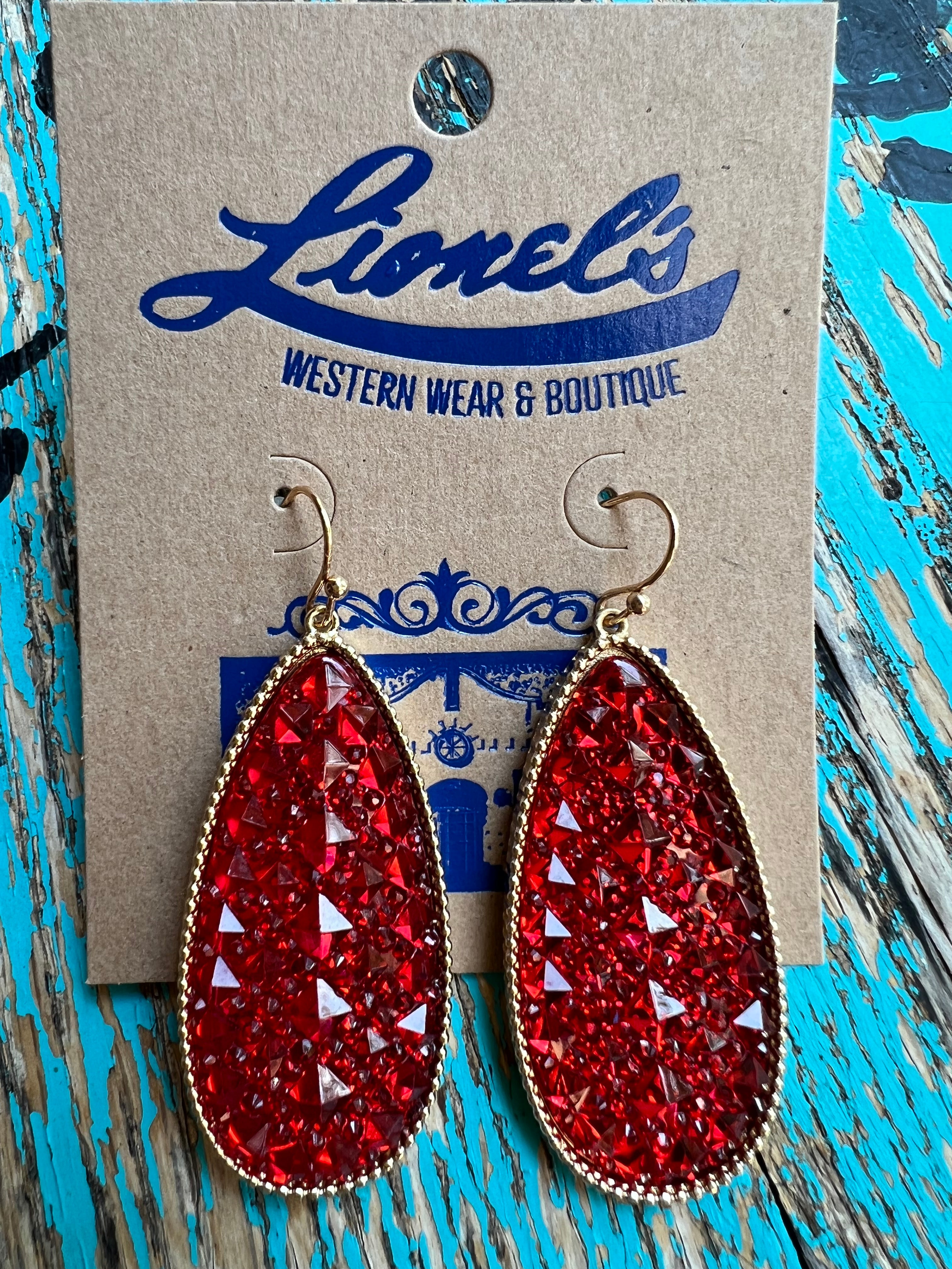 Red Teardrop Crystal Cluster Fashion Earrings/Gold