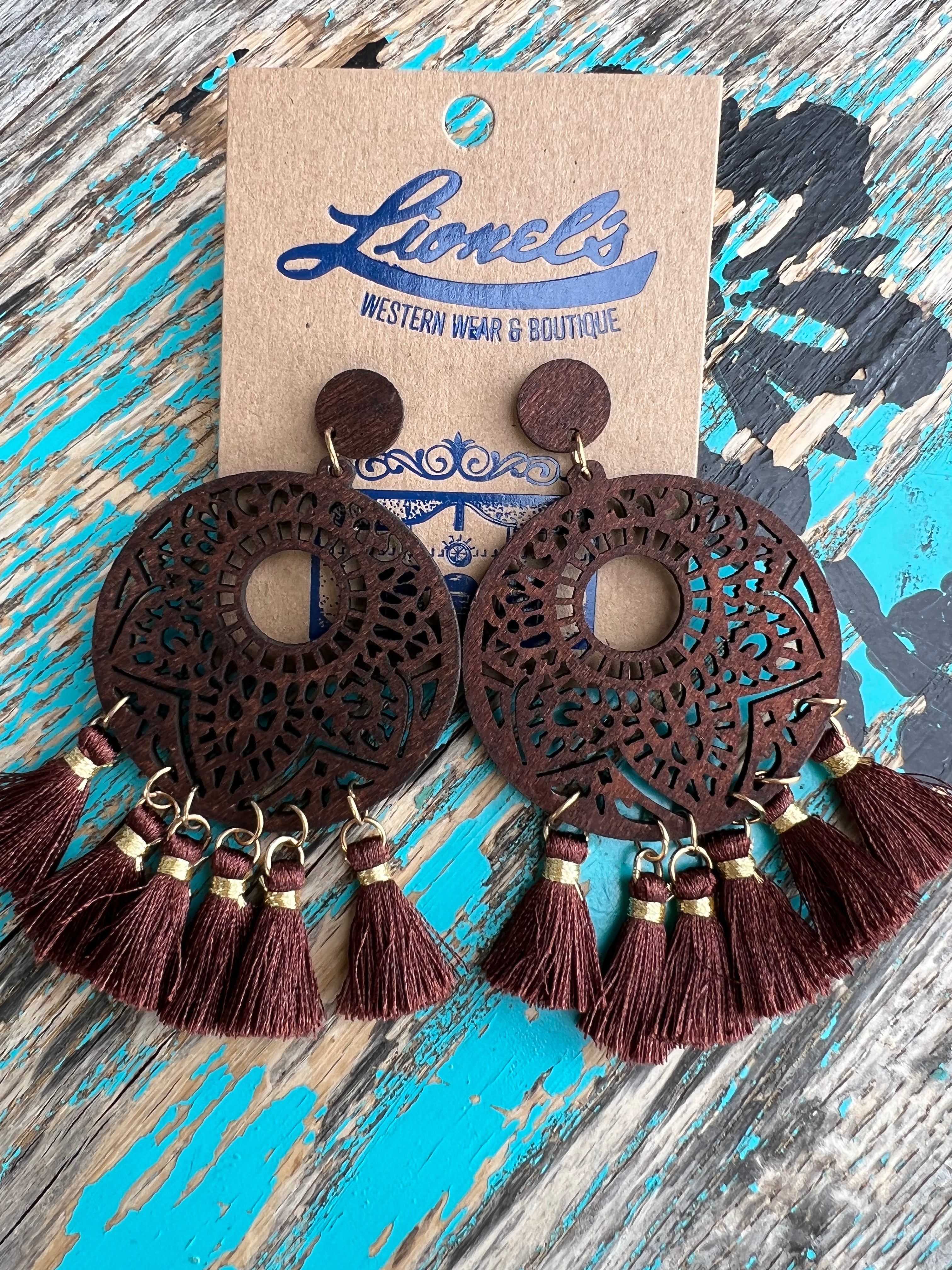 Chocolate Laser Cut Wooden Earrings w/ Tassels