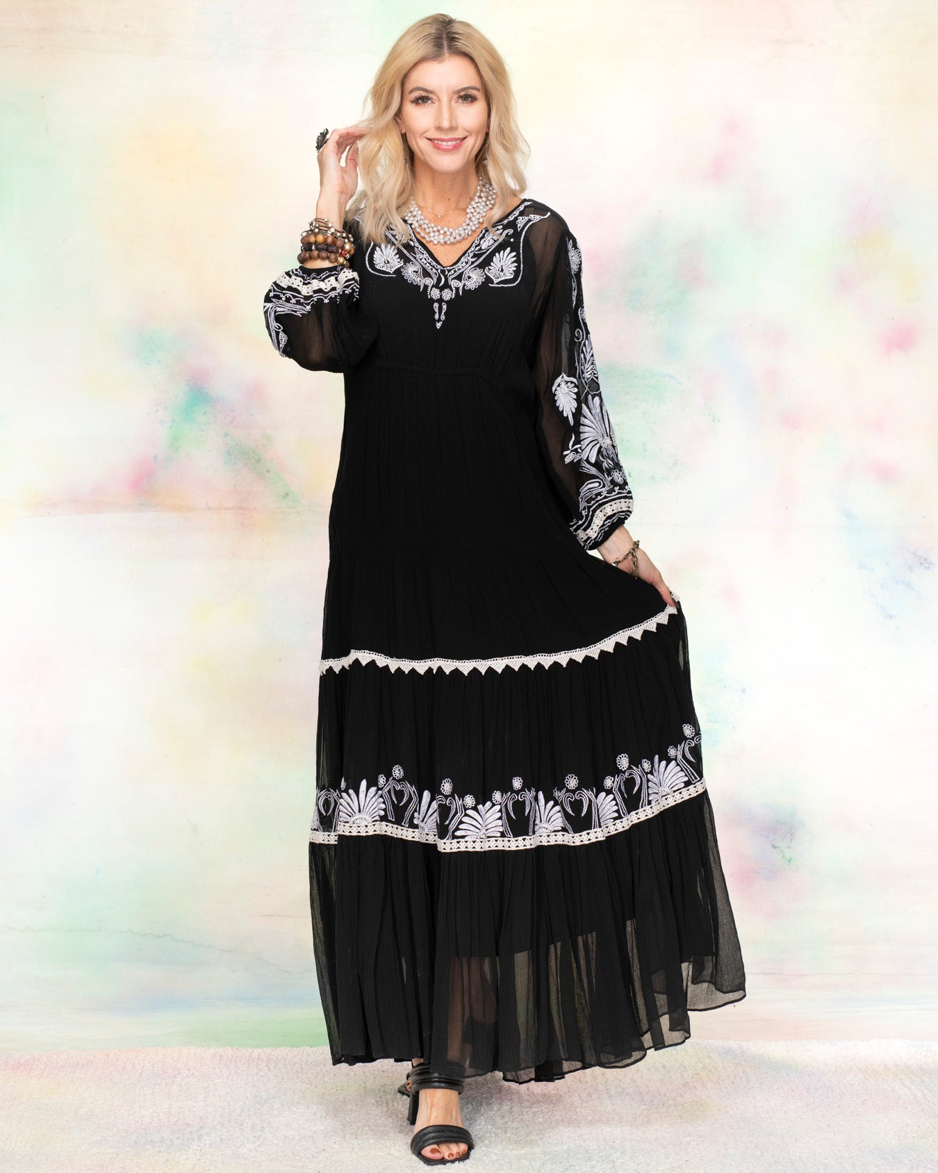 Roswell Black Maxi Dress w/ White Embroidery