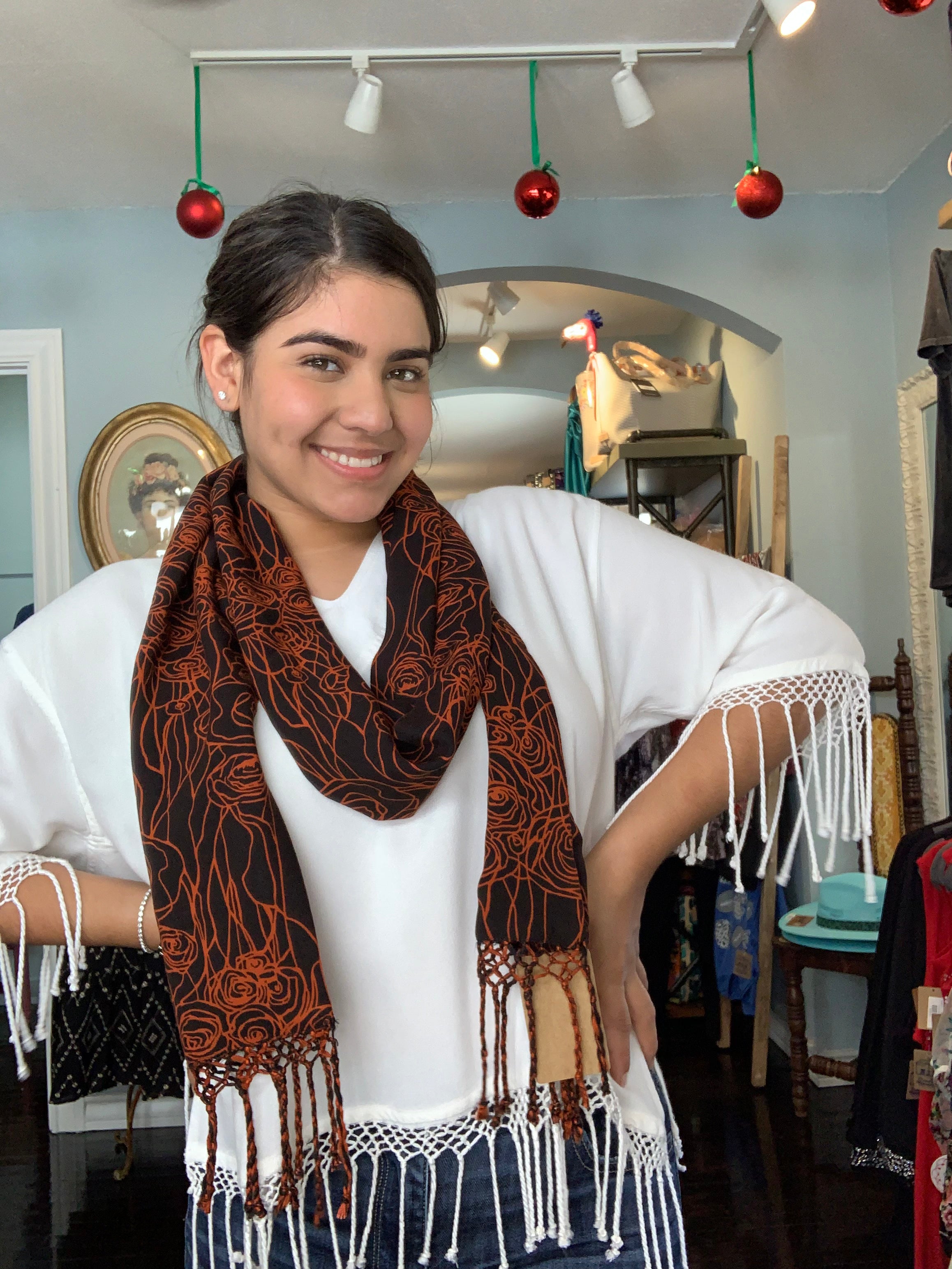 Dairi Black & Rust Fringed Long Scarf