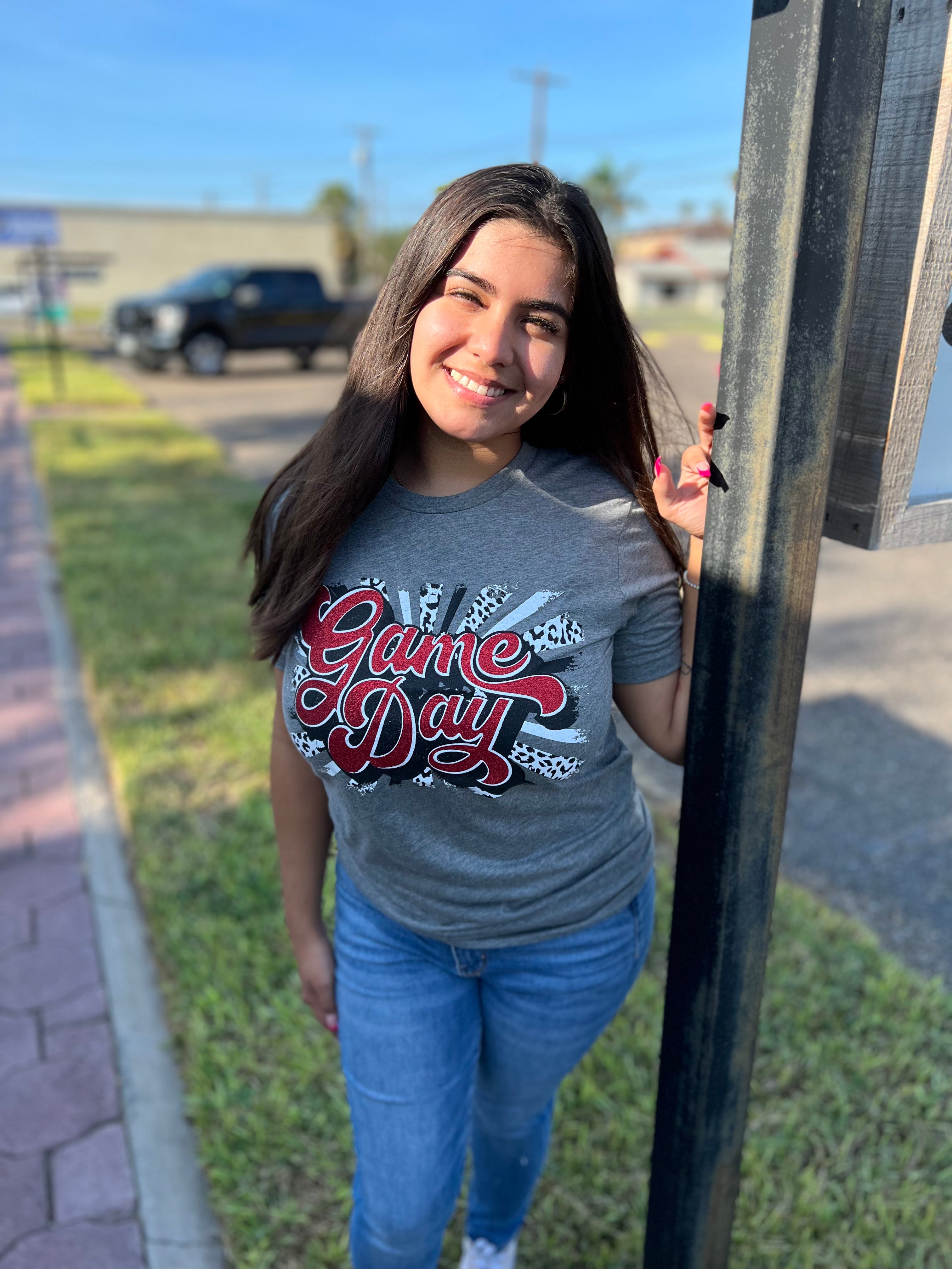 Grey w/ Red & Black Glitter Retro Game Day Tee