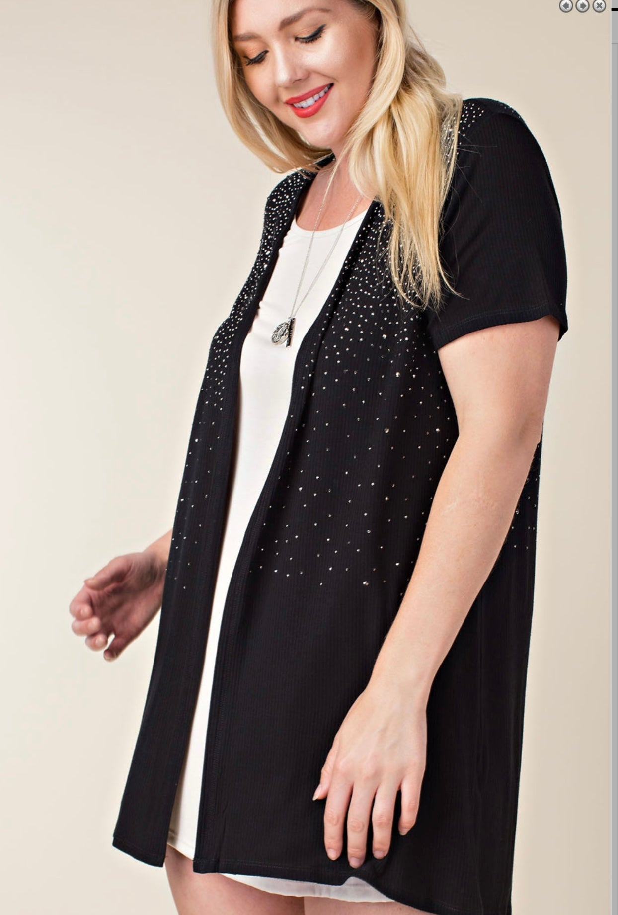 Short Sleeve Cardigan w/ All Over Stone Details