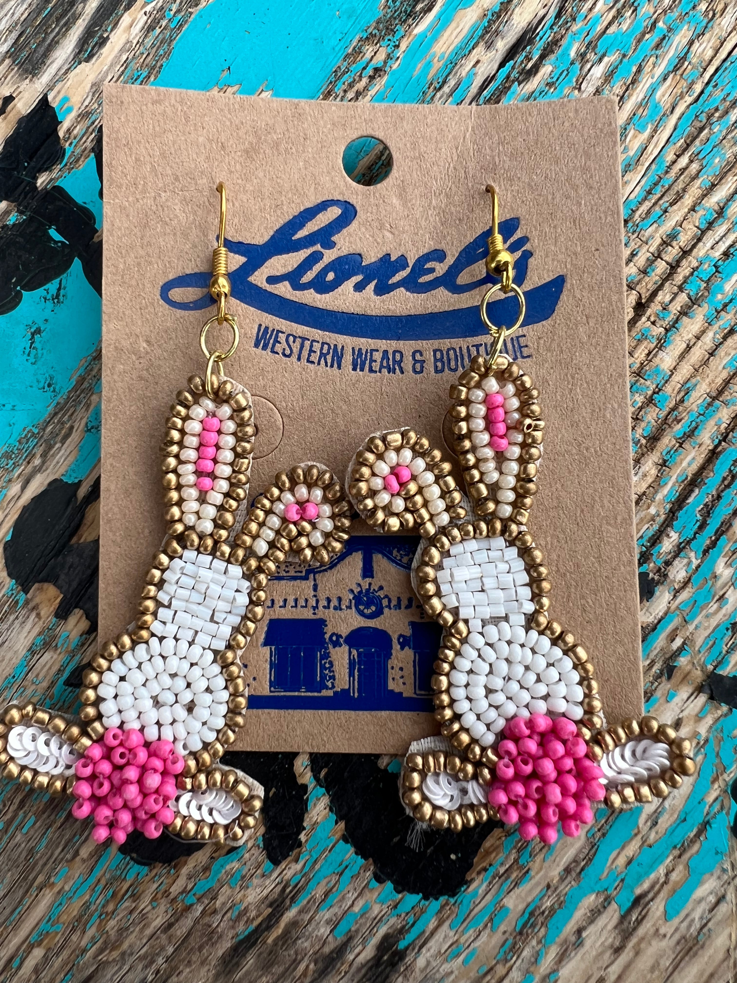 Bunny Beaded Earrings/Pink/Bronze/White
