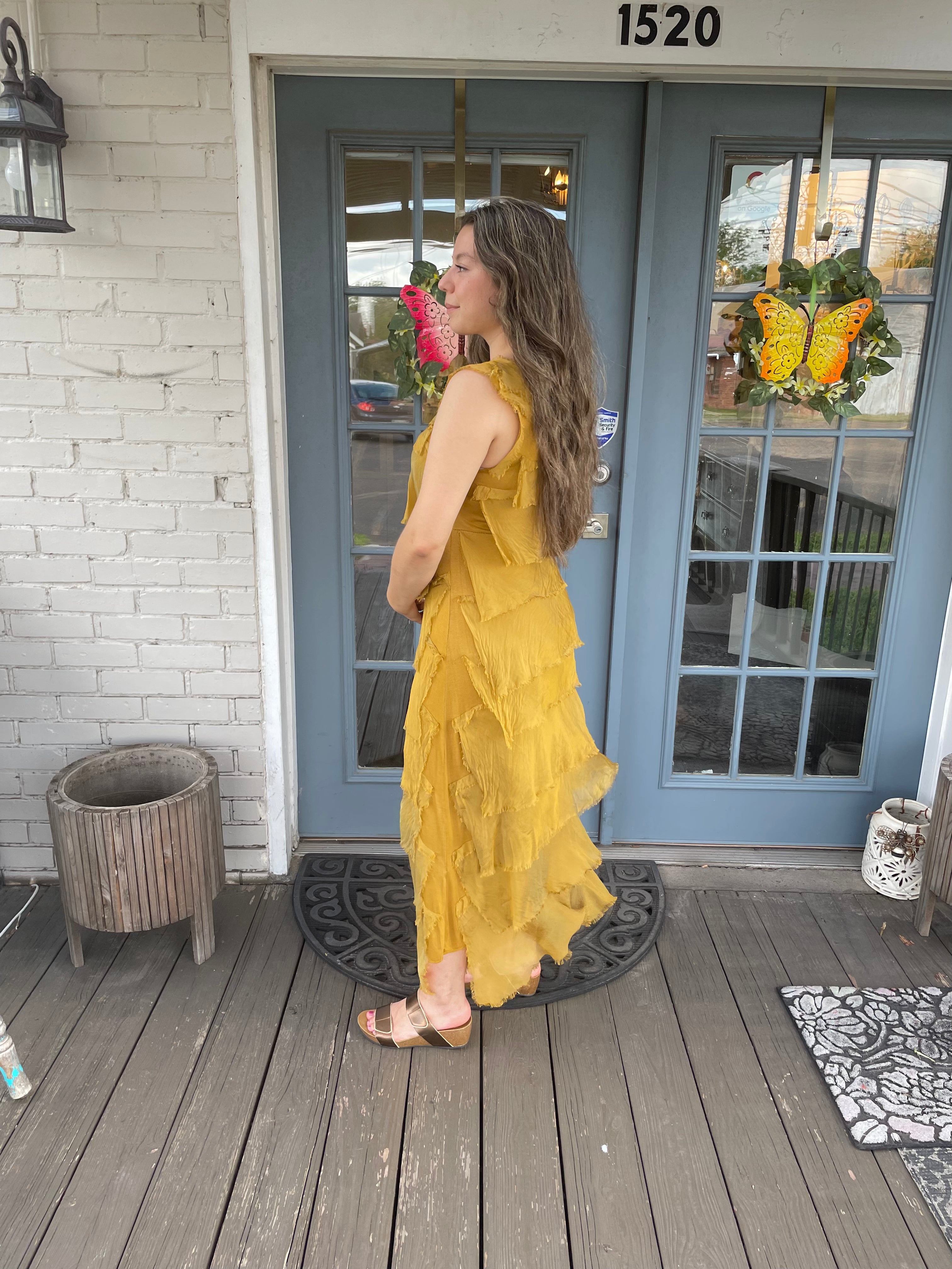 Mustard Silk Ankle Length Ruffle Dress