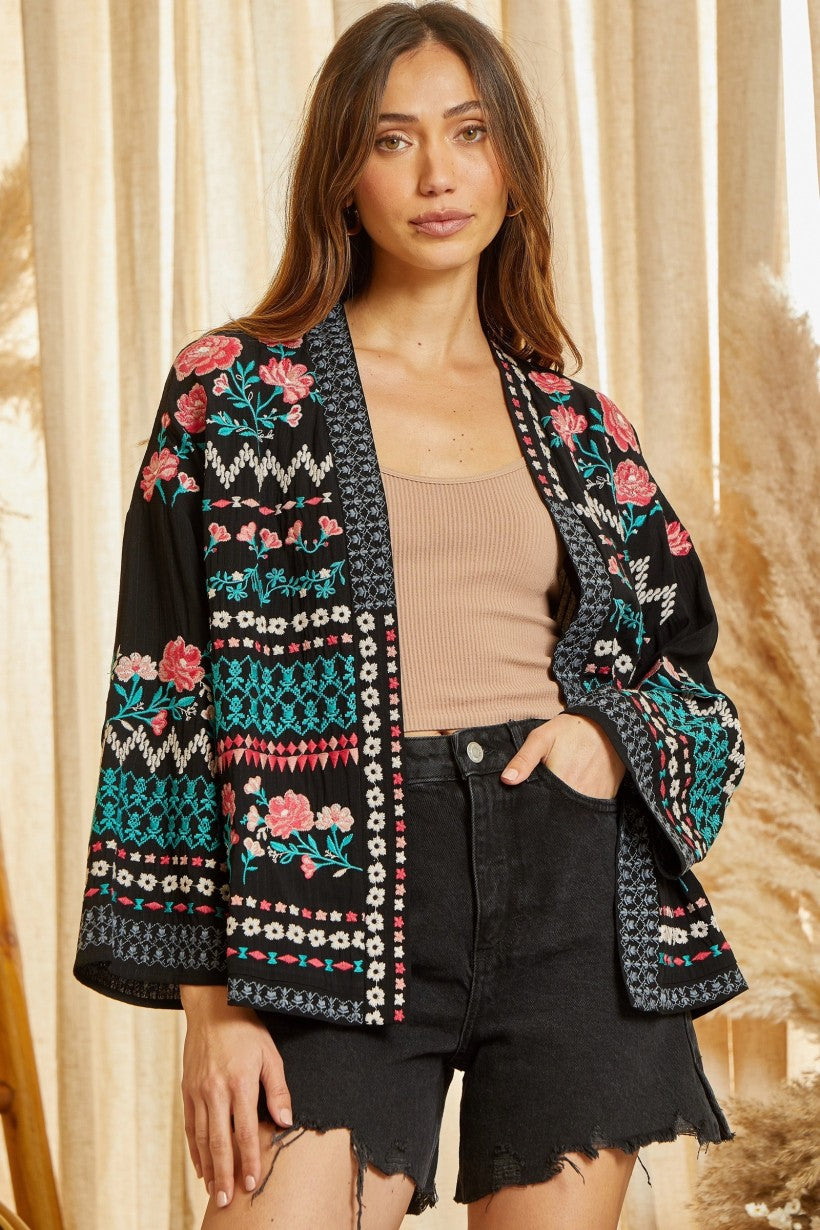 Open Front Black Cardigan w/ Embroidery