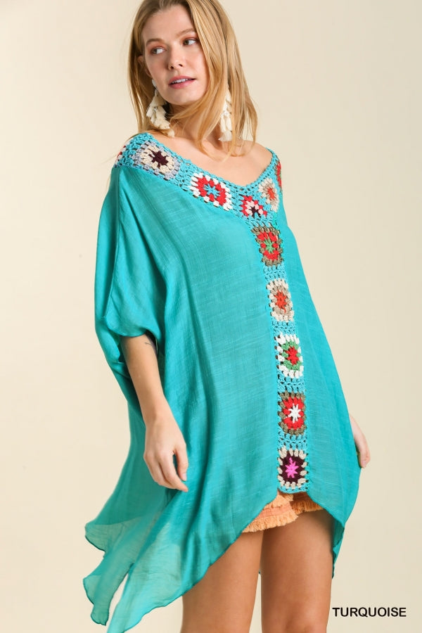 Turquoise Kaftan Top w/ Crochet