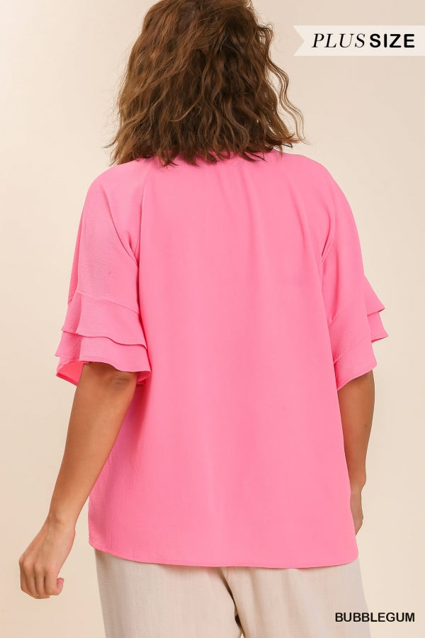 Bubble Gum Pink  Ruffled Sleeve Top