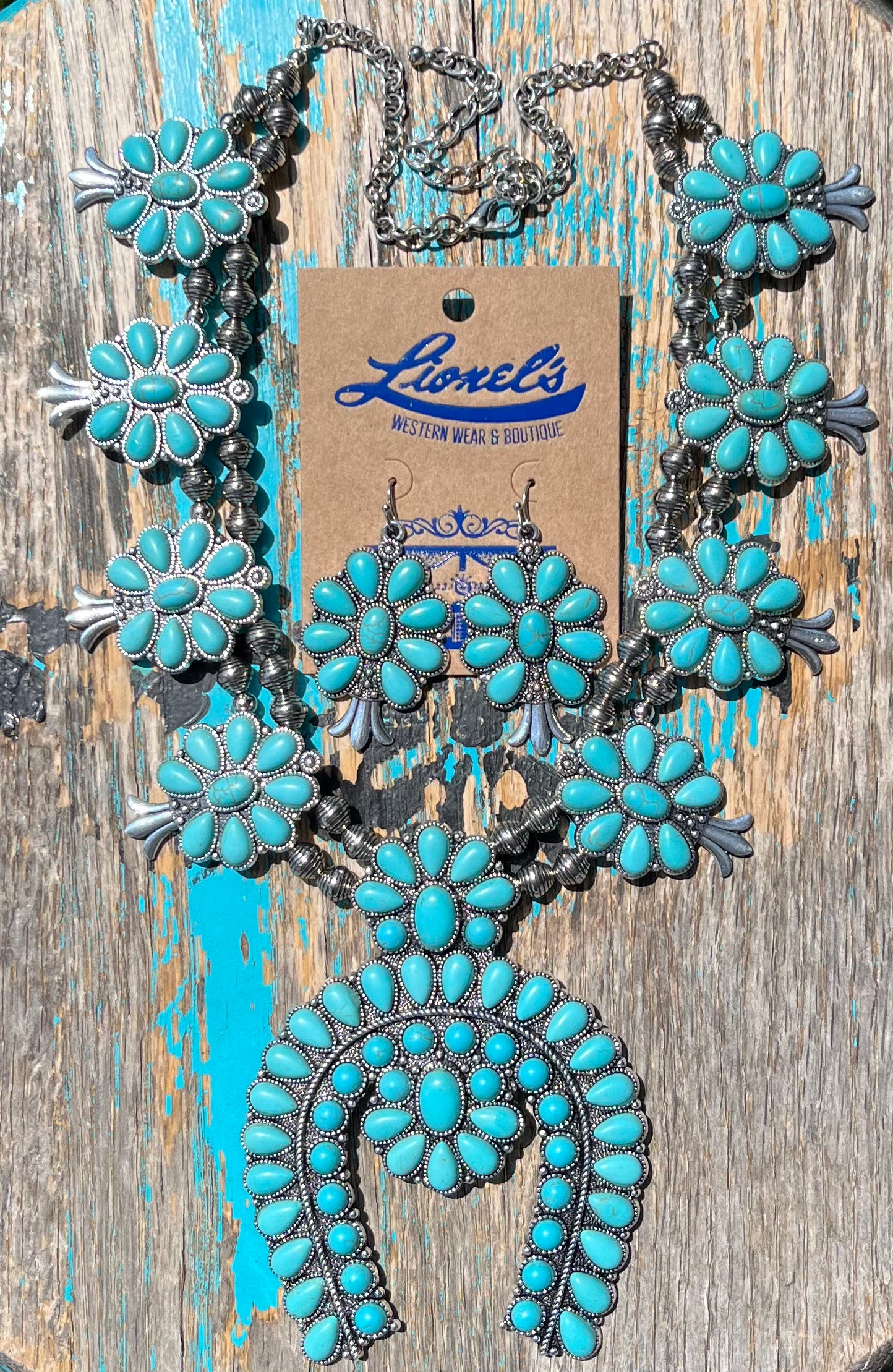 Turquoise Stones on Silver Squash Blossom Necklace w/ Earrings
