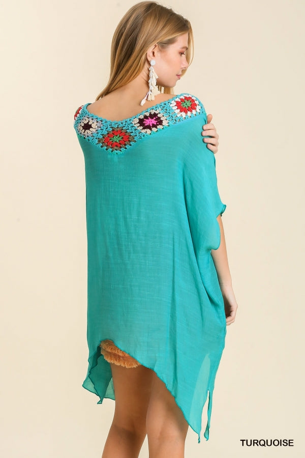 Turquoise Kaftan Top w/ Crochet
