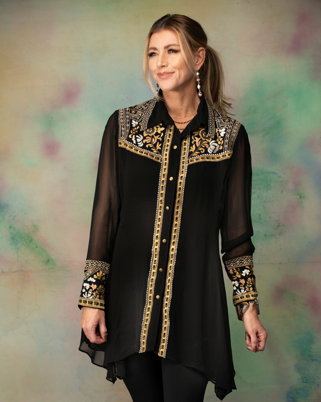 Caroline Button Front Embroidered Tunic