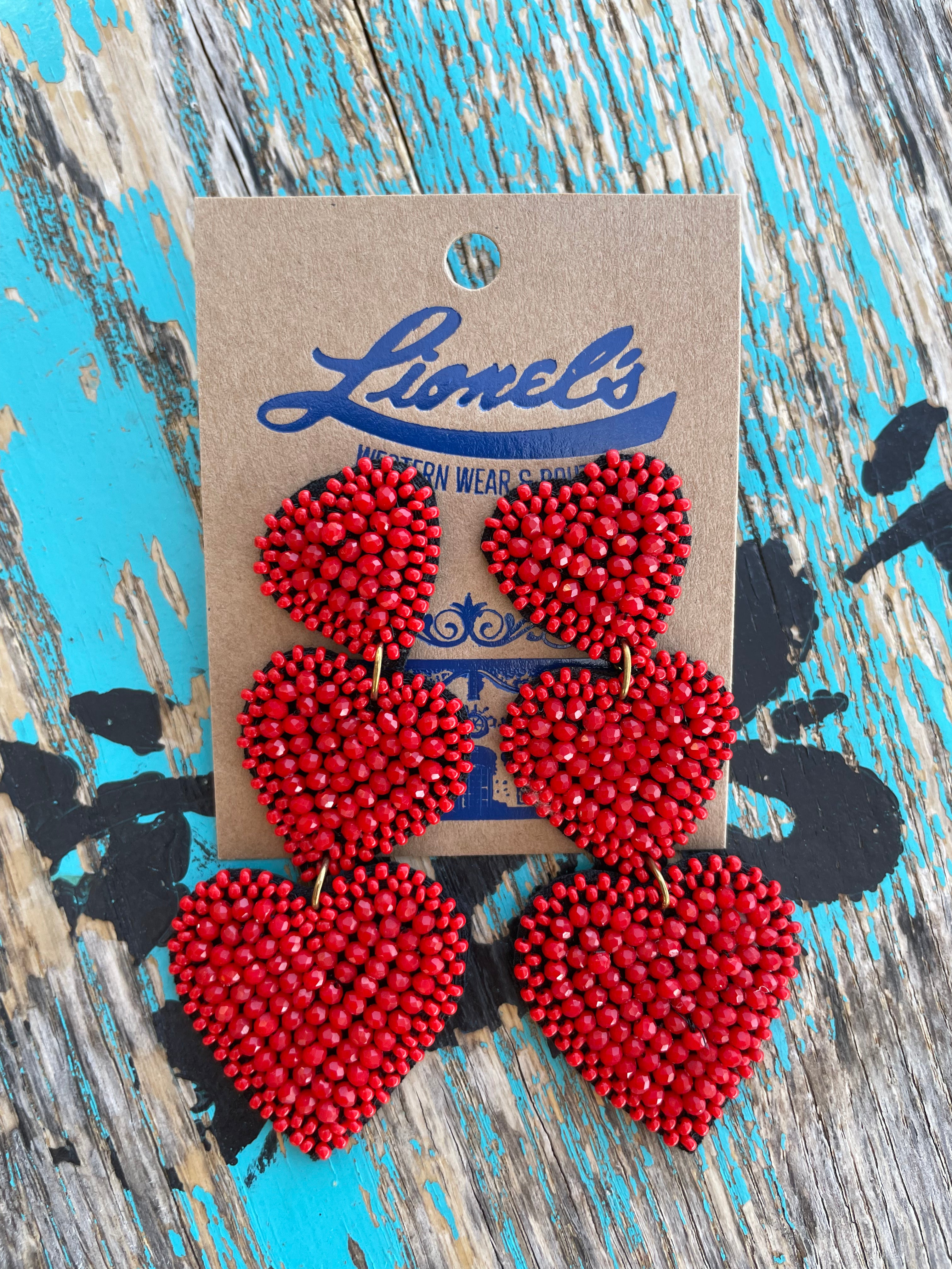 Red Triple Heart Beaded Earrings