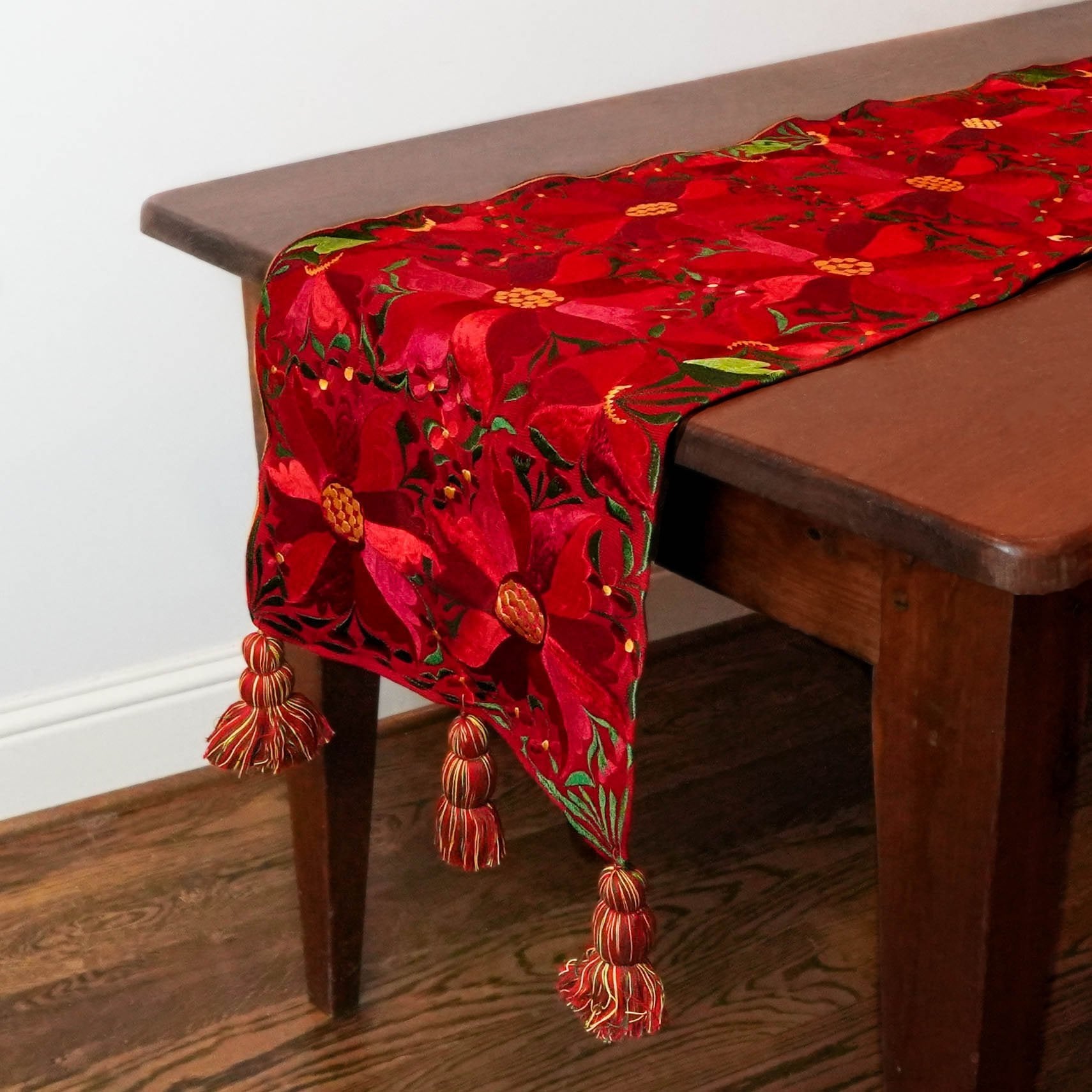 Red Poinsettia Floral Table Runner w/ Tassels