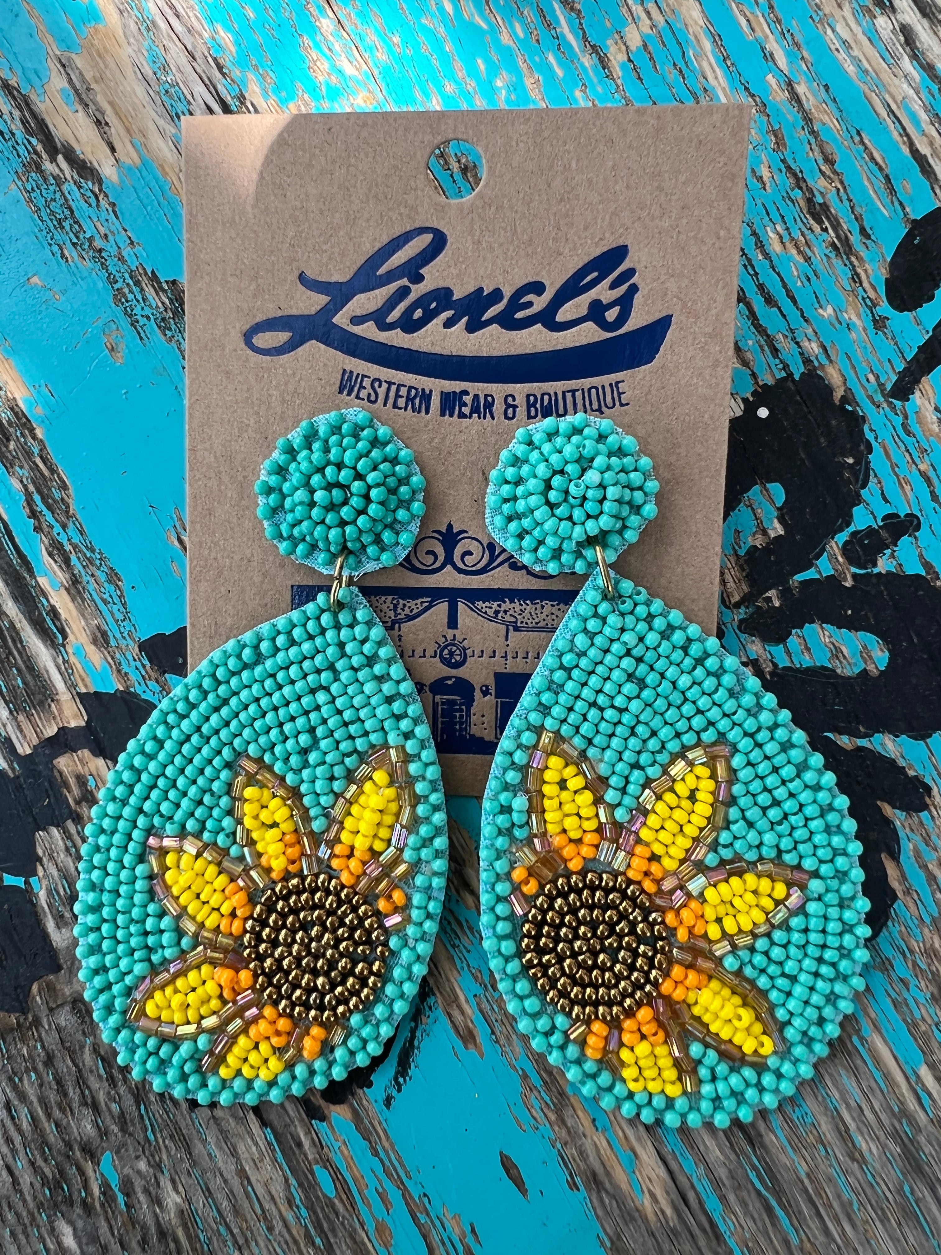 Turquoise w/ Sunflower Beaded Earrings