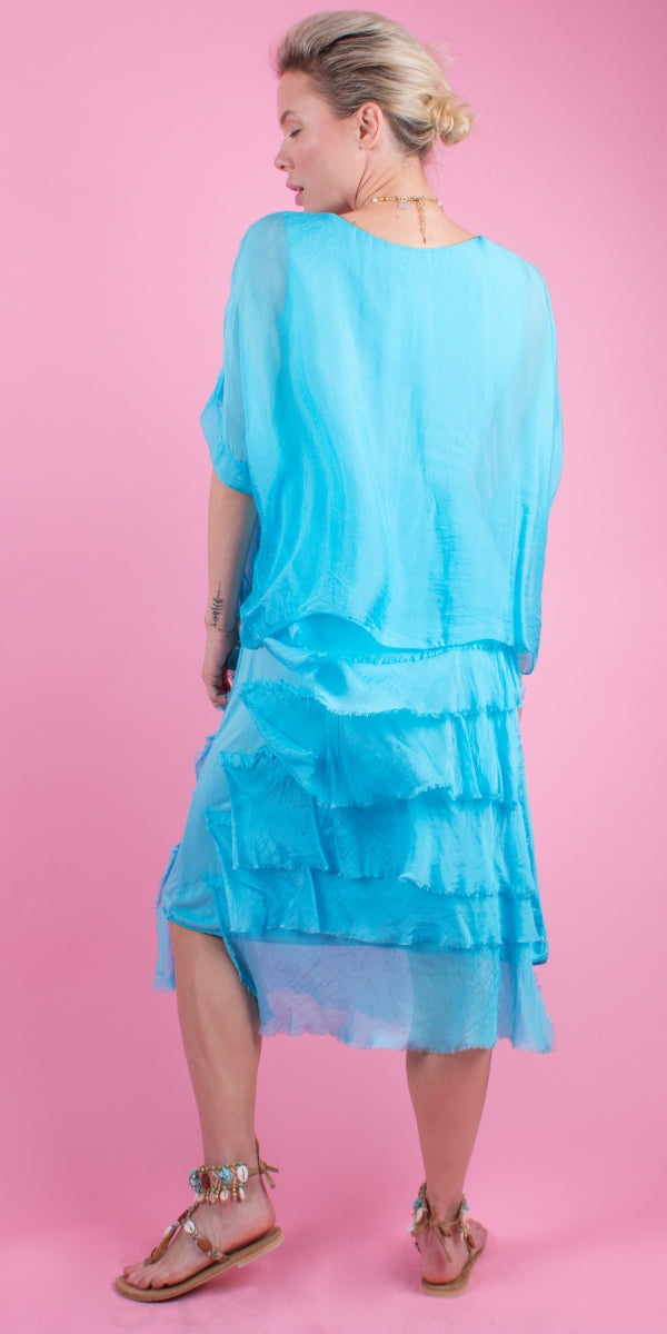 Turquoise Silk Scoop Neck Maxi Ruffle Dress