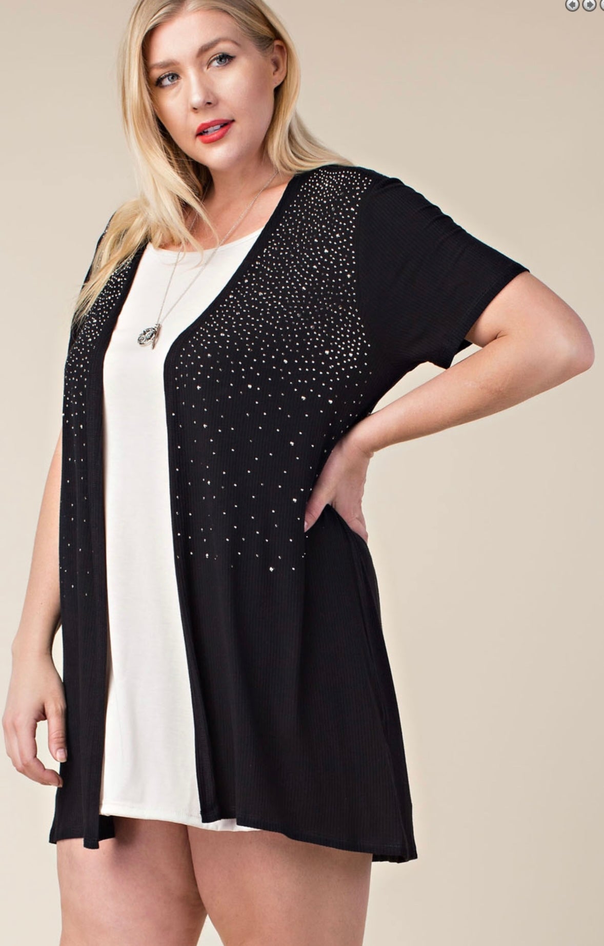 Short Sleeve Cardigan w/ All Over Stone Details
