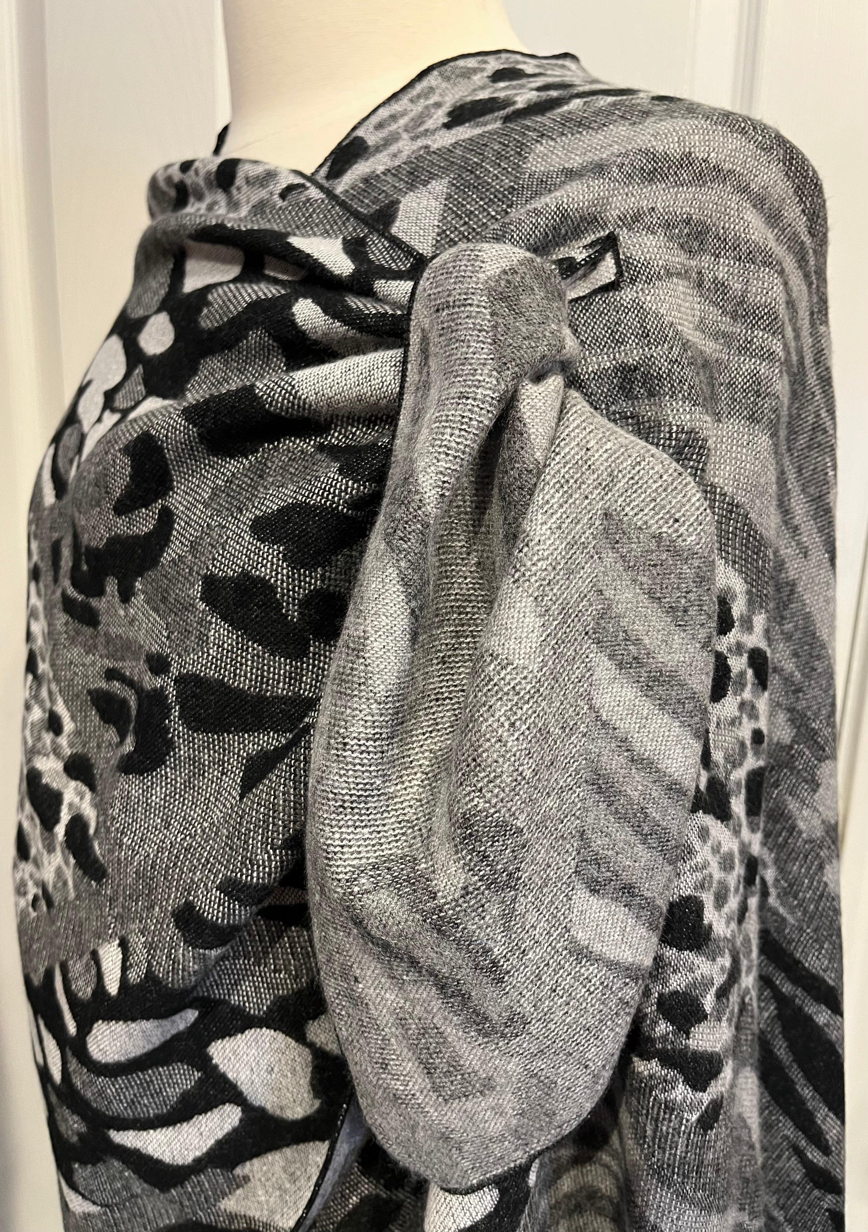 Black, Grey & White Leopard Reversible Cashmere Shawl