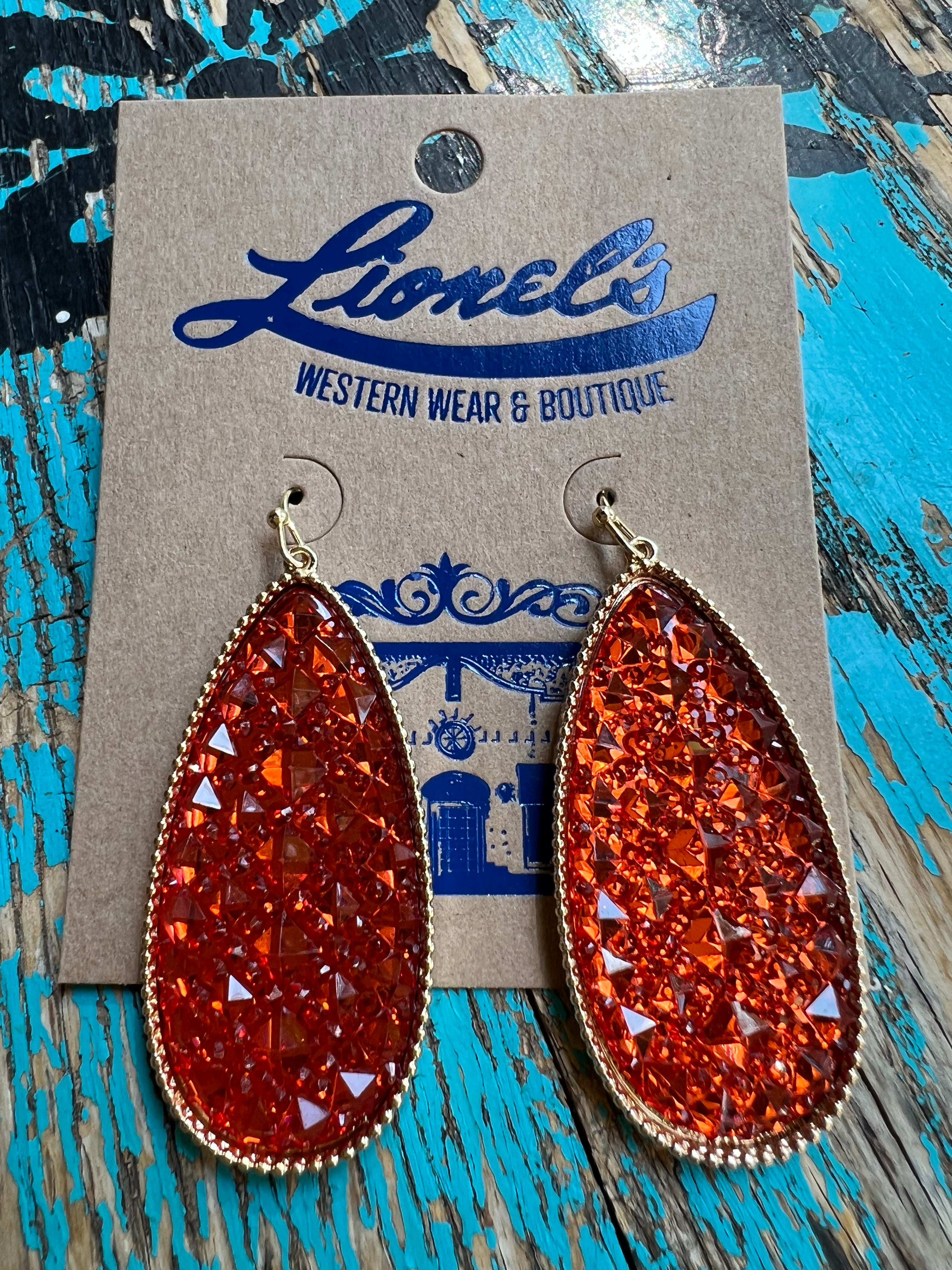 Orange Teardrop Crystal Cluster Fashion Earrings/Gold