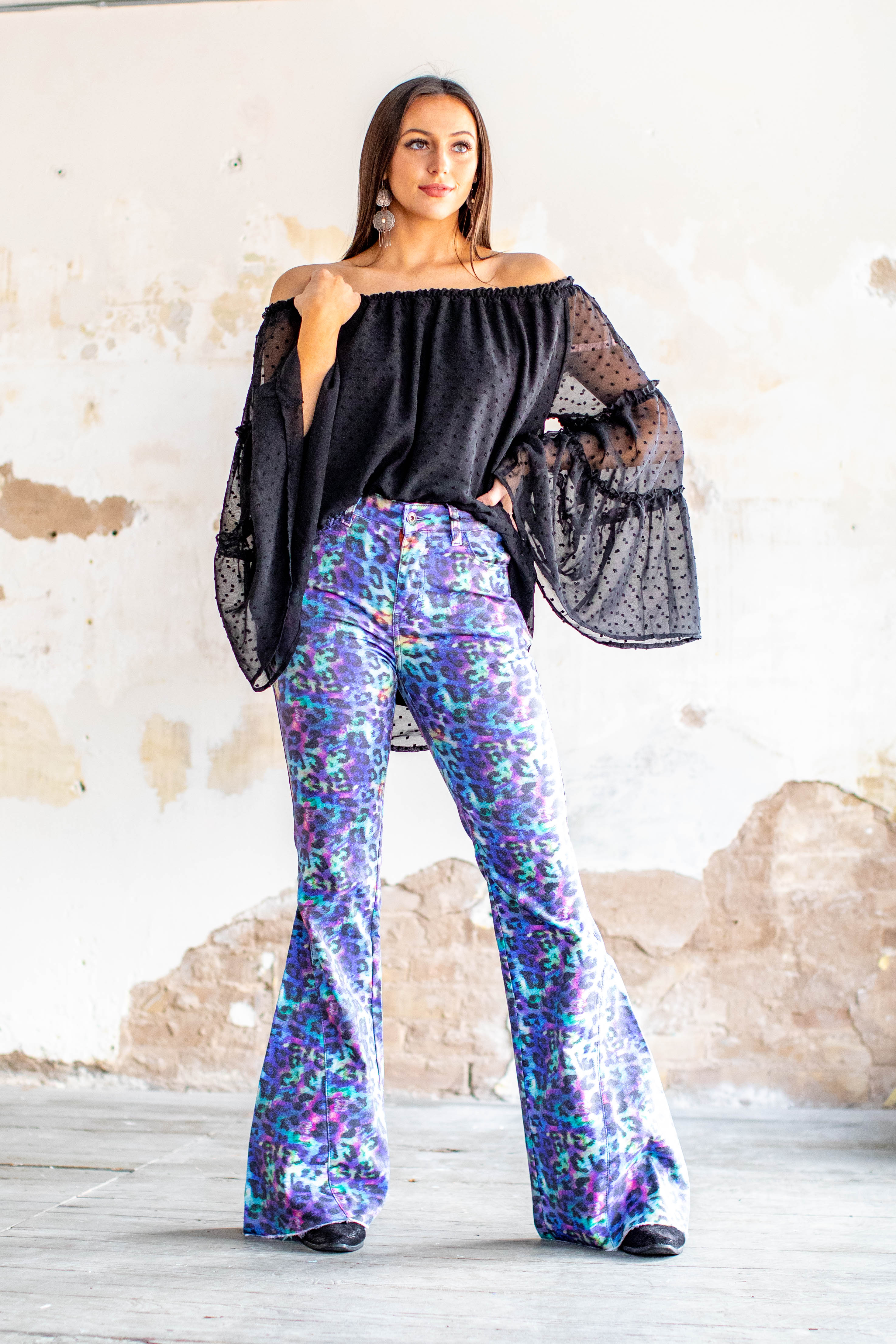 Iridescent Leopard Bell Bottoms Jeans