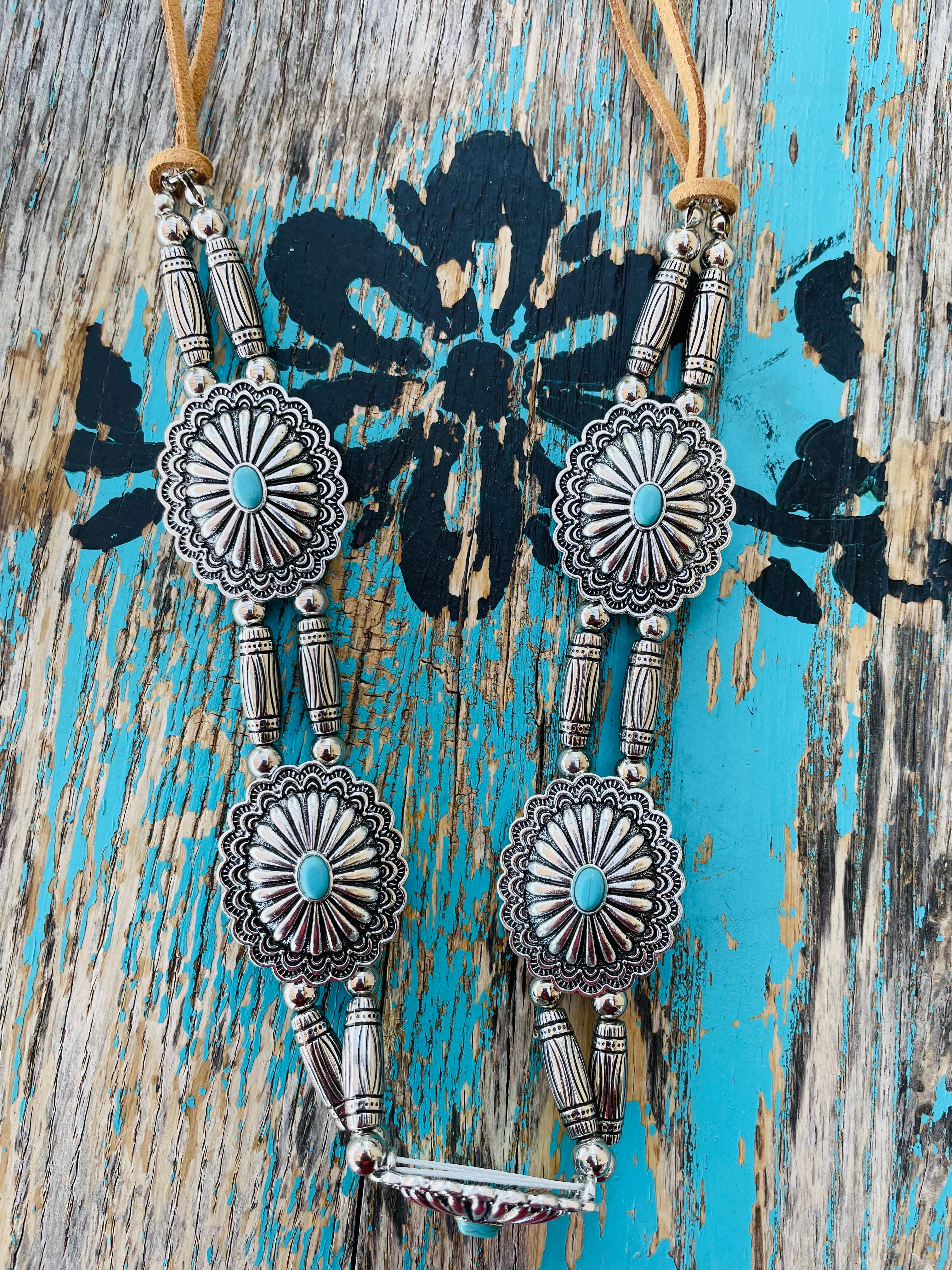 Concho & Turquoise on Leather Necklace