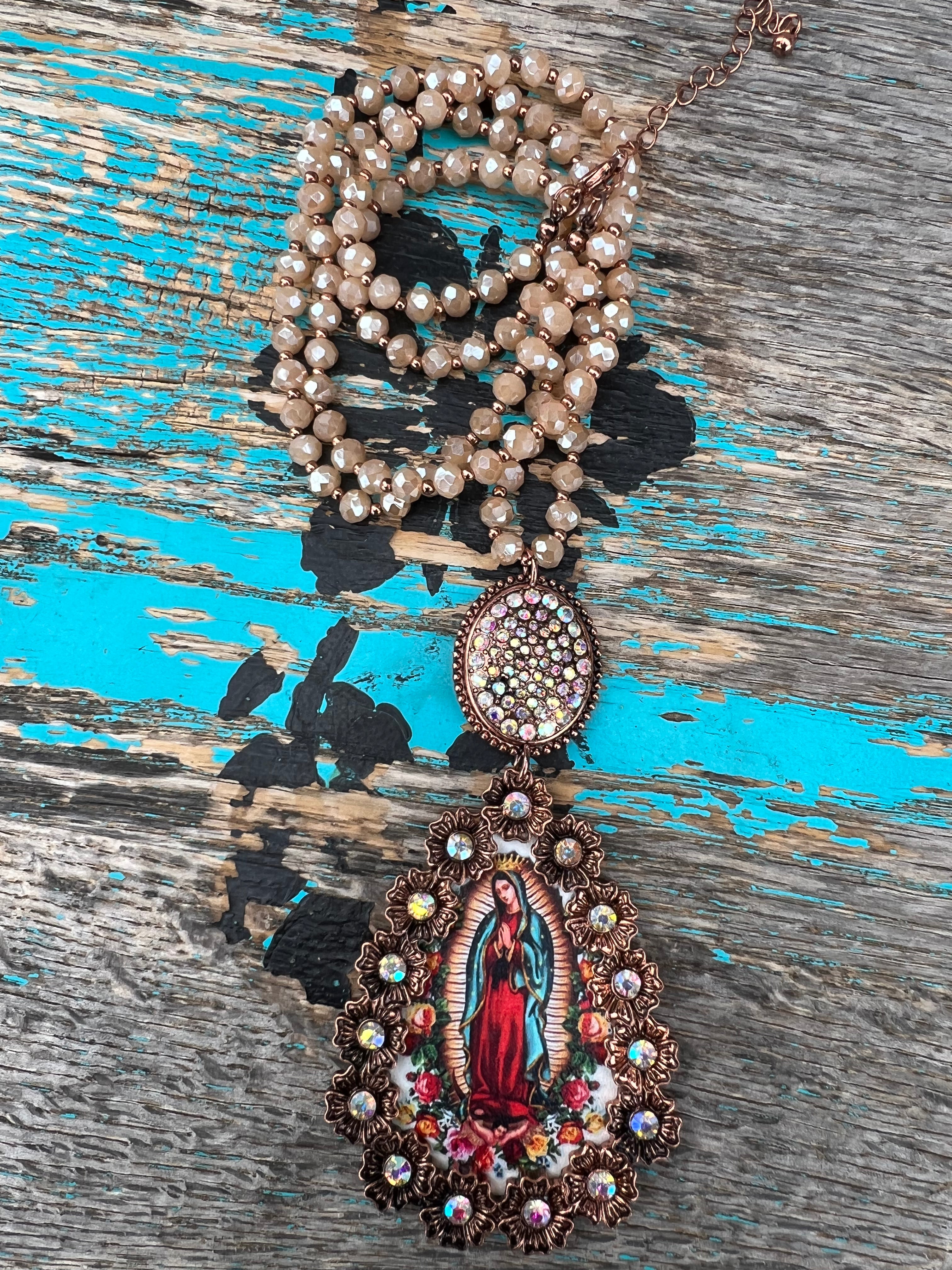 Virgen de Guadalupe Pendant on Beige Beads