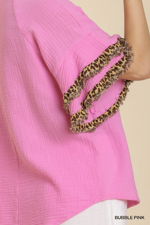 Bubble Gum Pink Cotton Gauze Top w/ Leopard Details