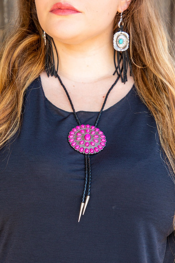 Ladies Concho Bolo Necklace In 3 Colors, Turquoise, Fuchsia, & Mustard