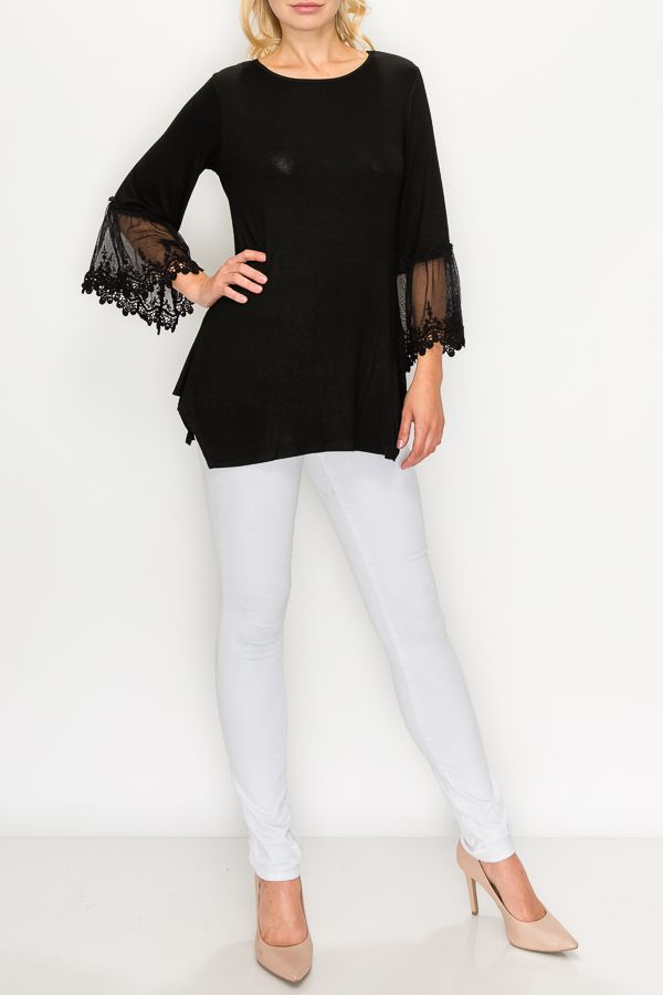 BLACK 3/4 Sleeve Top w/ Lace Details